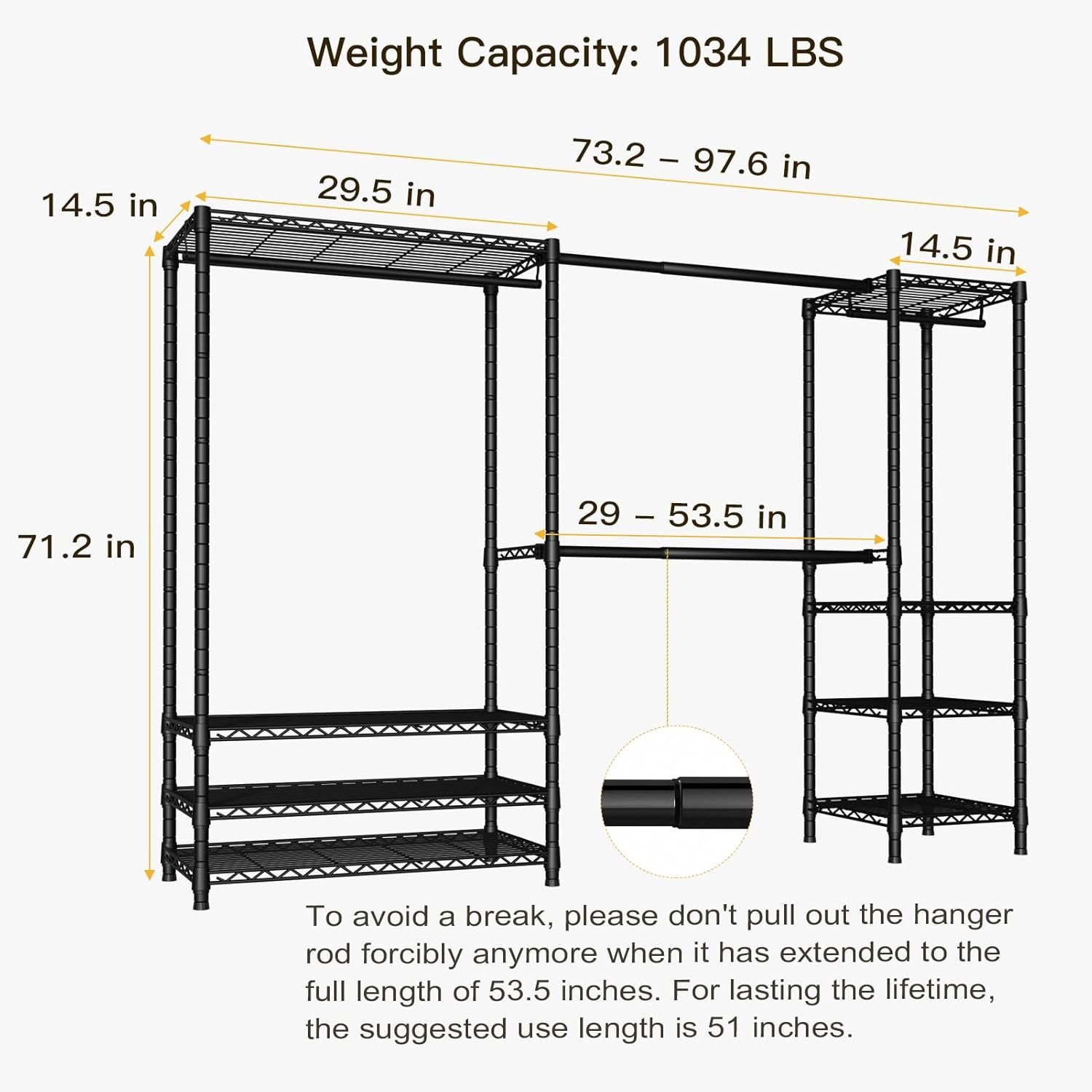 Ulif E11 Heavy-Duty Garment Rack, Metal Freestanding Clothes Rack and Closet Storage Organizer System with 8 Shelves and 4 Hanger Rods, (73.2 - 97.6)"W x 14.5"D x 71.2"H, Load 1034 LBS, Black - Image 6