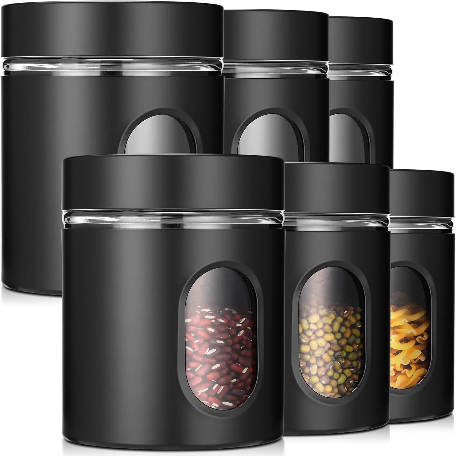 Patelai 6 Pack Kitchen Canisters Set 20 oz Airtight Stainless Steel Canister Food Storage Container with Window Glass, Coffee Sugar Candy Jars Tea Organizer for Flour Cookies Spice Kitchen (Black) - Image 2