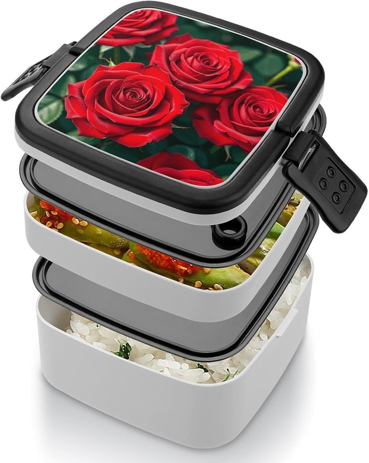 Many Red Rose Bento Box with Spoon, 2-layer Stackable Lunch Box Leak Proof with Invisible Handle, Insulated Food Storage for Office, Picnic & Travel - Image 5