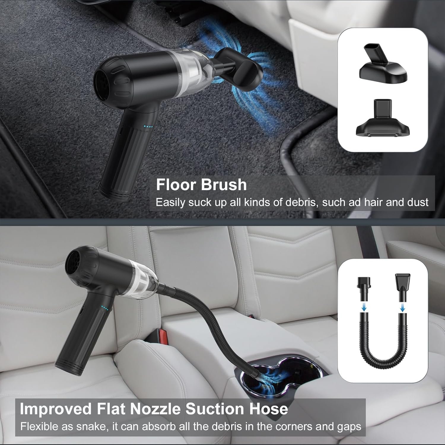 Car Vacuum Cleaner High Power Handheld Vacuum 150W 17000Pa 4-in-1 Mini Vacuum Cleaner Cordless and Air Duster with 180° Adjustable Handle Led Light Portable Vacuum for Car, Home, Deep Black - Image 7