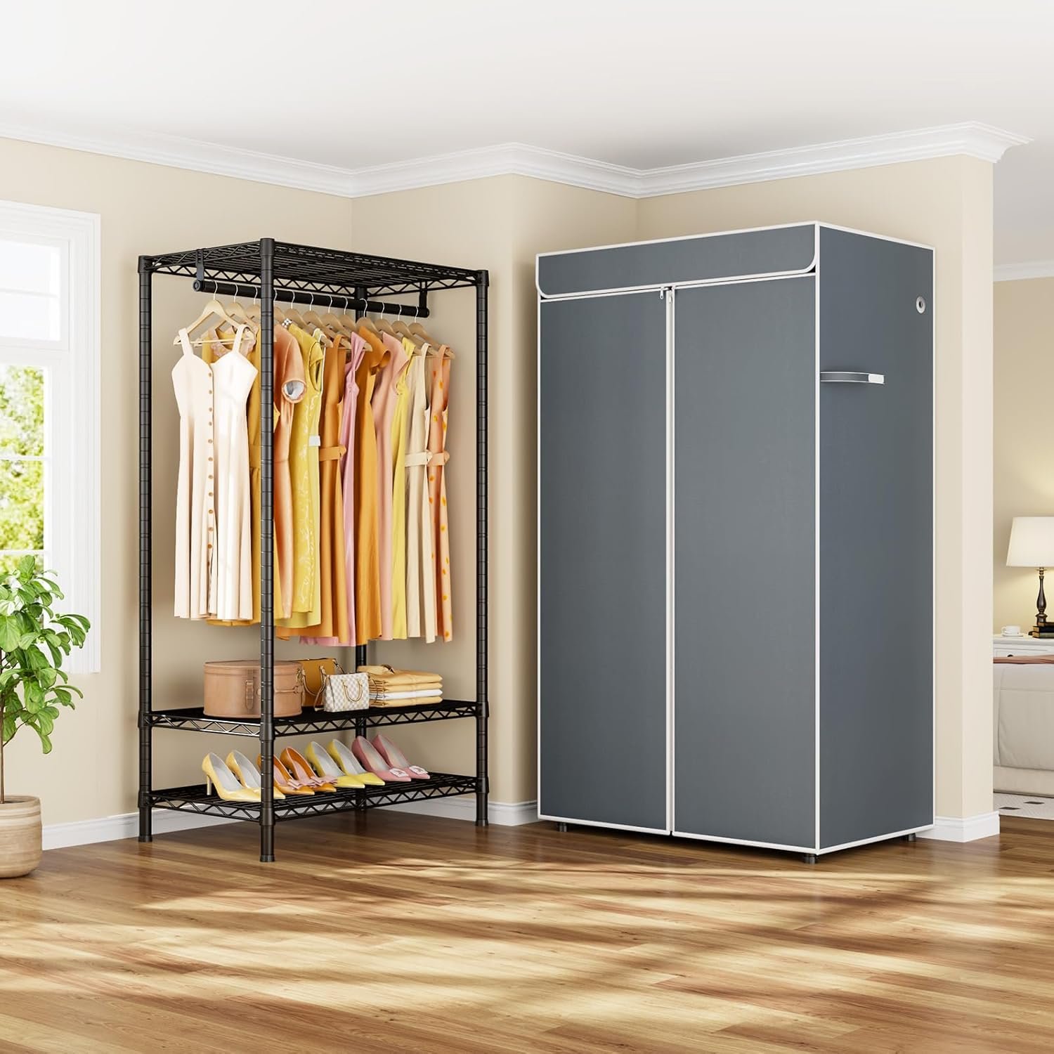 H5C Clothes Rack with Cover, Portable Closet for Hanging Clothes, Covered Clothing Racks Heavy Duty, Freestanding Garment Racks with Shelves, Max Load 360LBS Black Closet Rack with Gray Cover - Image 7