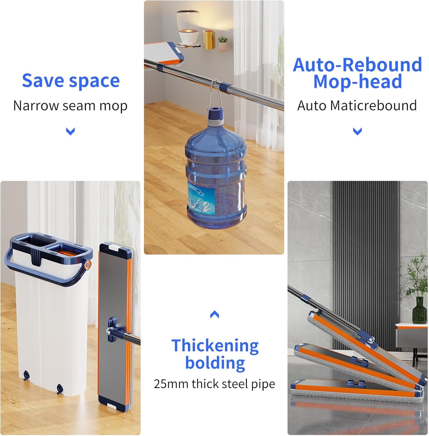 Household mop Bucket with Wringer, Microfiber Stainless Steel Flat mop Narrow Bucket Set, Reusable Microfiber mop pad, Suitable for Multi-Purpose Cleaning of Floors, Walls, and Glass - Image 7