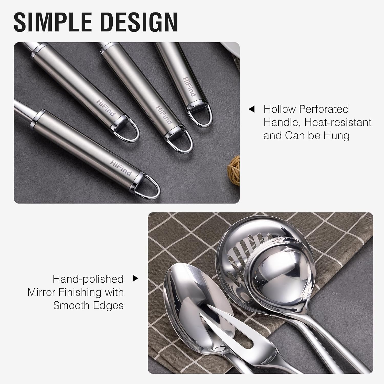 Stainless Steel Cooking Utensils 7PCS Kitchen Utensils Set, Heat Resistant Handle Utensils Set Included Ladle, Meat Fork, Slotted Spatula, Pasta Fork, Masher, Solid Spoon, Skimmer Spoon - Image 4