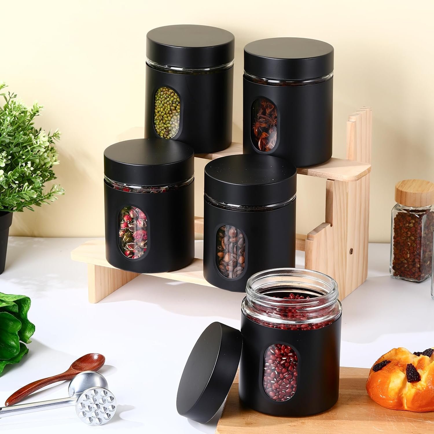 Patelai 6 Pack Kitchen Canisters Set 20 oz Airtight Stainless Steel Canister Food Storage Container with Window Glass, Coffee Sugar Candy Jars Tea Organizer for Flour Cookies Spice Kitchen (Black) - Image 4