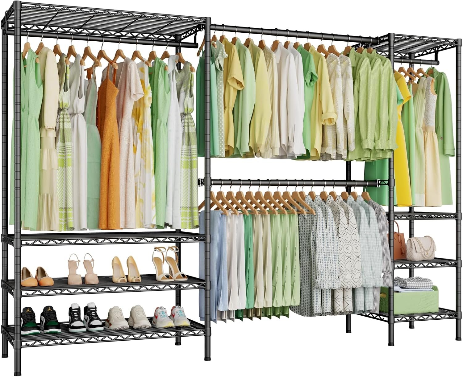 Ulif E11 Heavy-Duty Garment Rack, Metal Freestanding Clothes Rack and Closet Storage Organizer System with 8 Shelves and 4 Hanger Rods, (73.2 - 97.6)"W x 14.5"D x 71.2"H, Load 1034 LBS, Black - Image 2