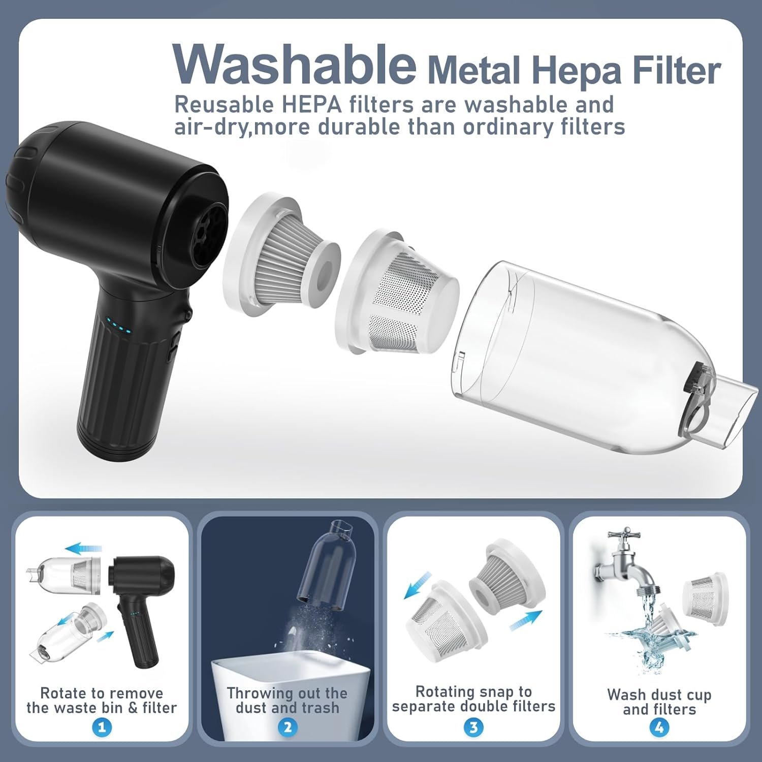 Car Vacuum Cleaner High Power Handheld Vacuum 150W 17000Pa 4-in-1 Mini Vacuum Cleaner Cordless and Air Duster with 180° Adjustable Handle Led Light Portable Vacuum for Car, Home, Deep Black - Image 10