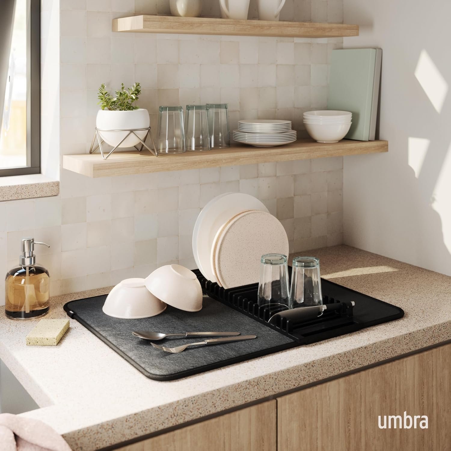 Umbra Udry Dish Rack and Microfiber Drying Mat – Space-Saving Design Folds Up for Easy Storage, Basic Rack, Black - Image 3