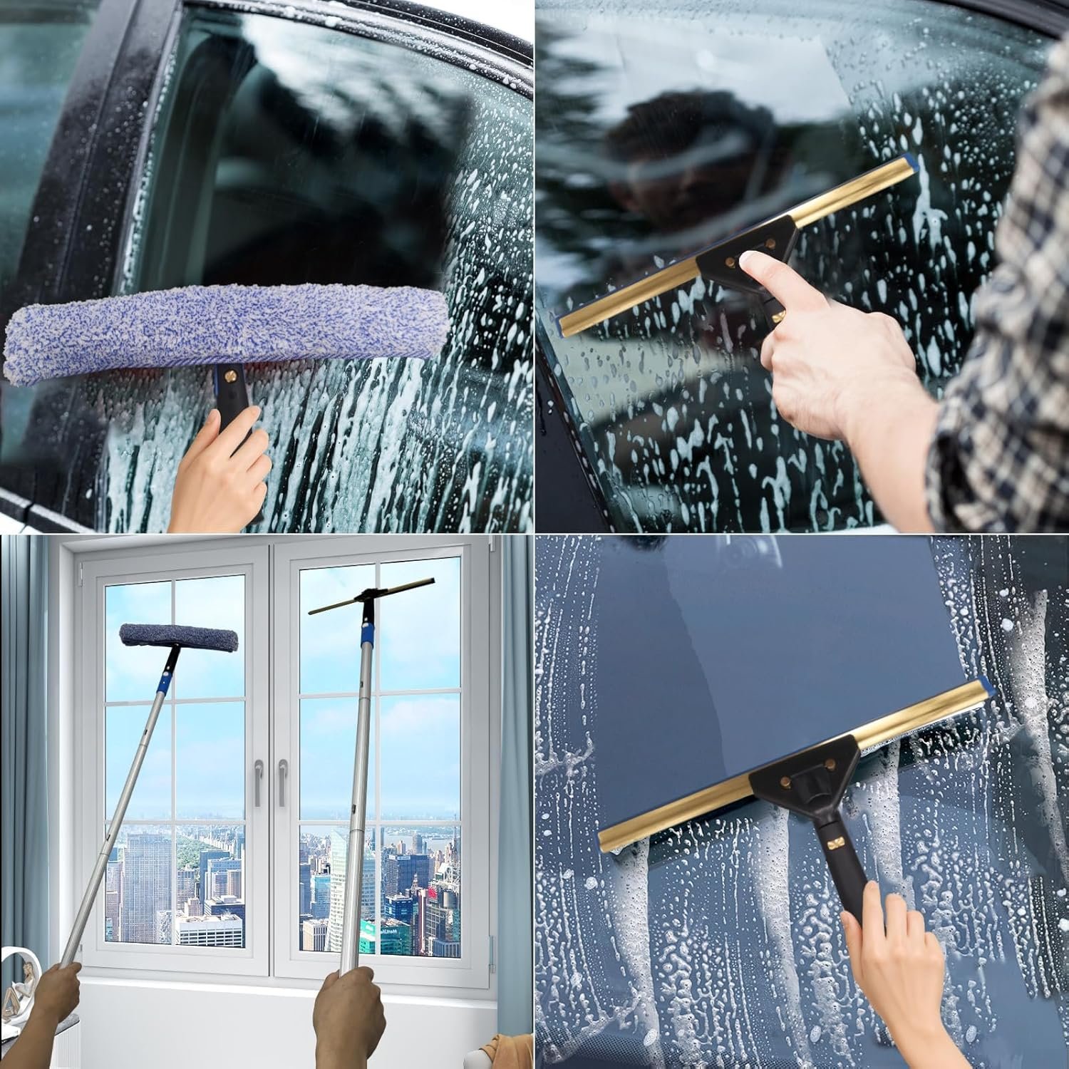 Pro Window Cleaning Kit with Storage Bucket, with 4 13 inch Extension Rods, Scrubber, Spray Bottle, Rag and Scraper with Rotating Head - Car/Home Glass Cleaning System - Image 6