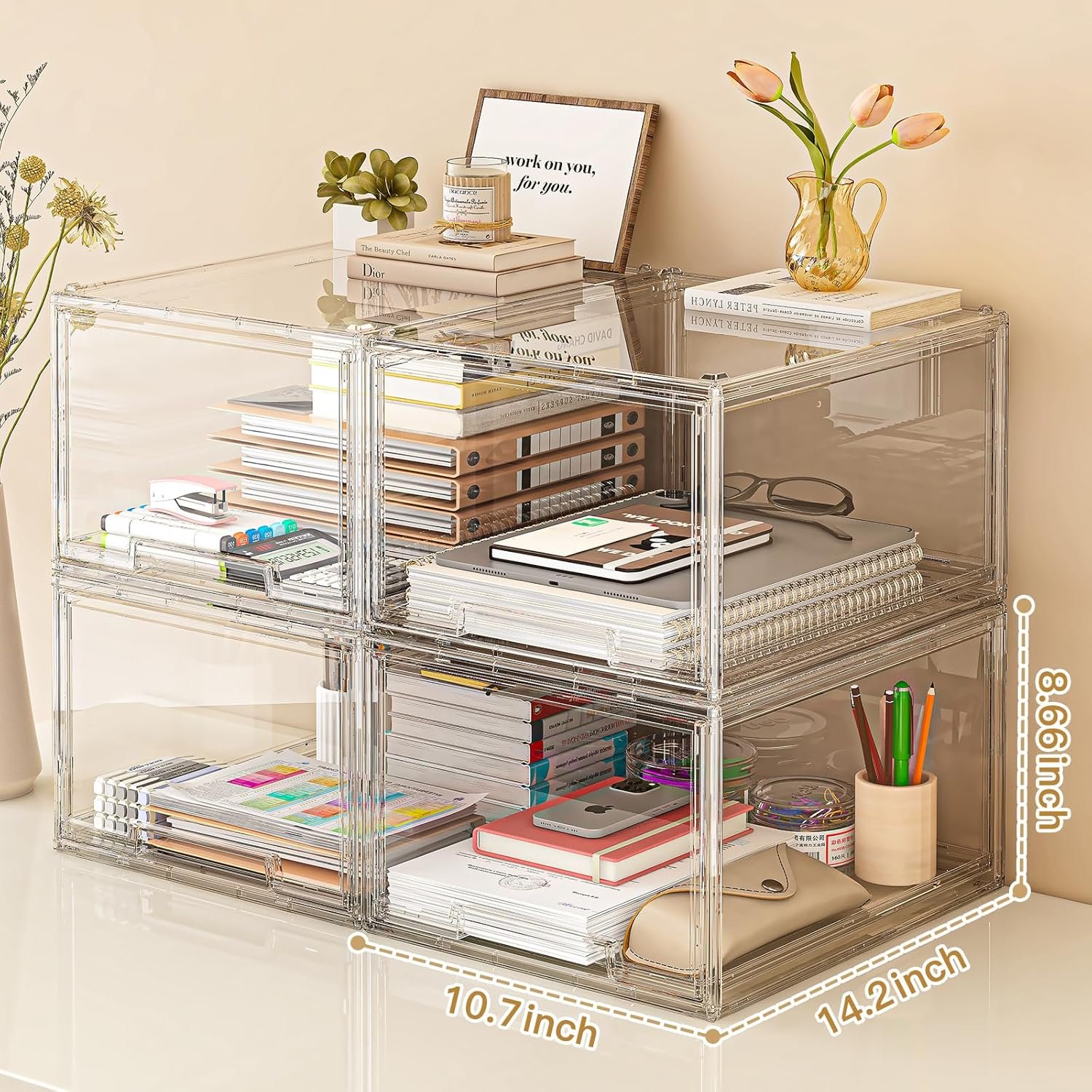 2 Packs Plastic Stackable Storage Drawers, Clear Desktop Drawer Organizers, 2 Drawer Storage Organizer, Make up Organizer with Drawers, Arcylic Drawers Organizer for Office Supplies, School, Home - Image 4