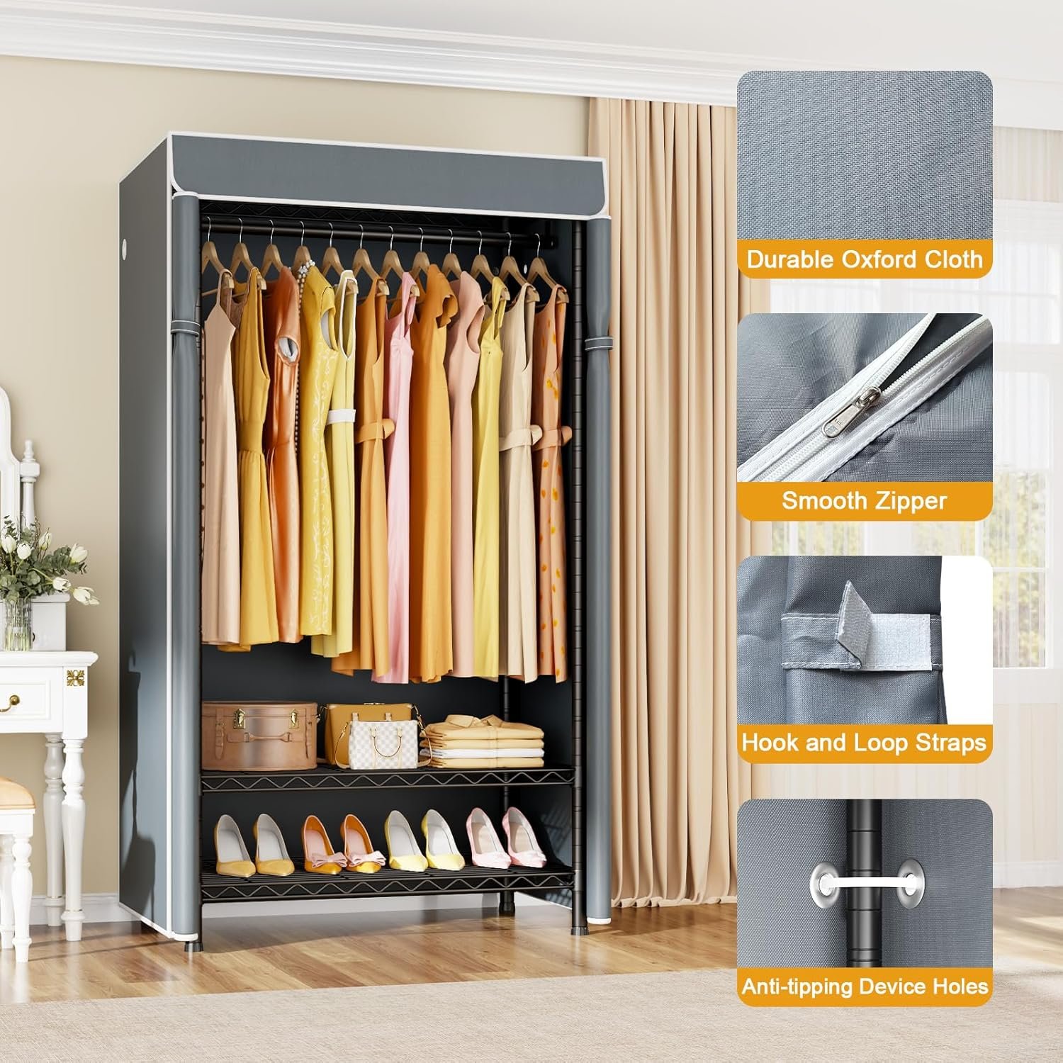 H5C Clothes Rack with Cover, Portable Closet for Hanging Clothes, Covered Clothing Racks Heavy Duty, Freestanding Garment Racks with Shelves, Max Load 360LBS Black Closet Rack with Gray Cover - Image 4