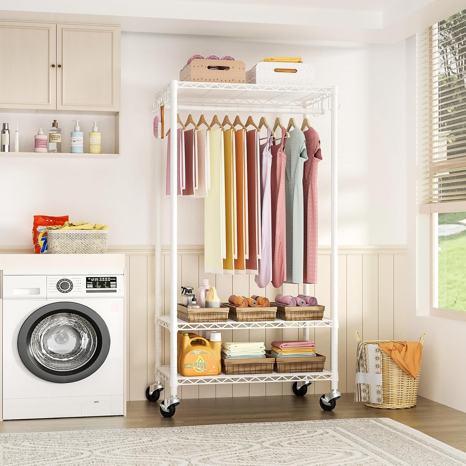 P6 Rolling Clothes Rack Heavy Duty, Clothing Racks for Hanging Clothes, Freestanding Garment Rack with Wheels, Portable Closet Rack Max Load 380 LBS, 35.5'' W x 14'' D x 74.6'' H, White - Image 4