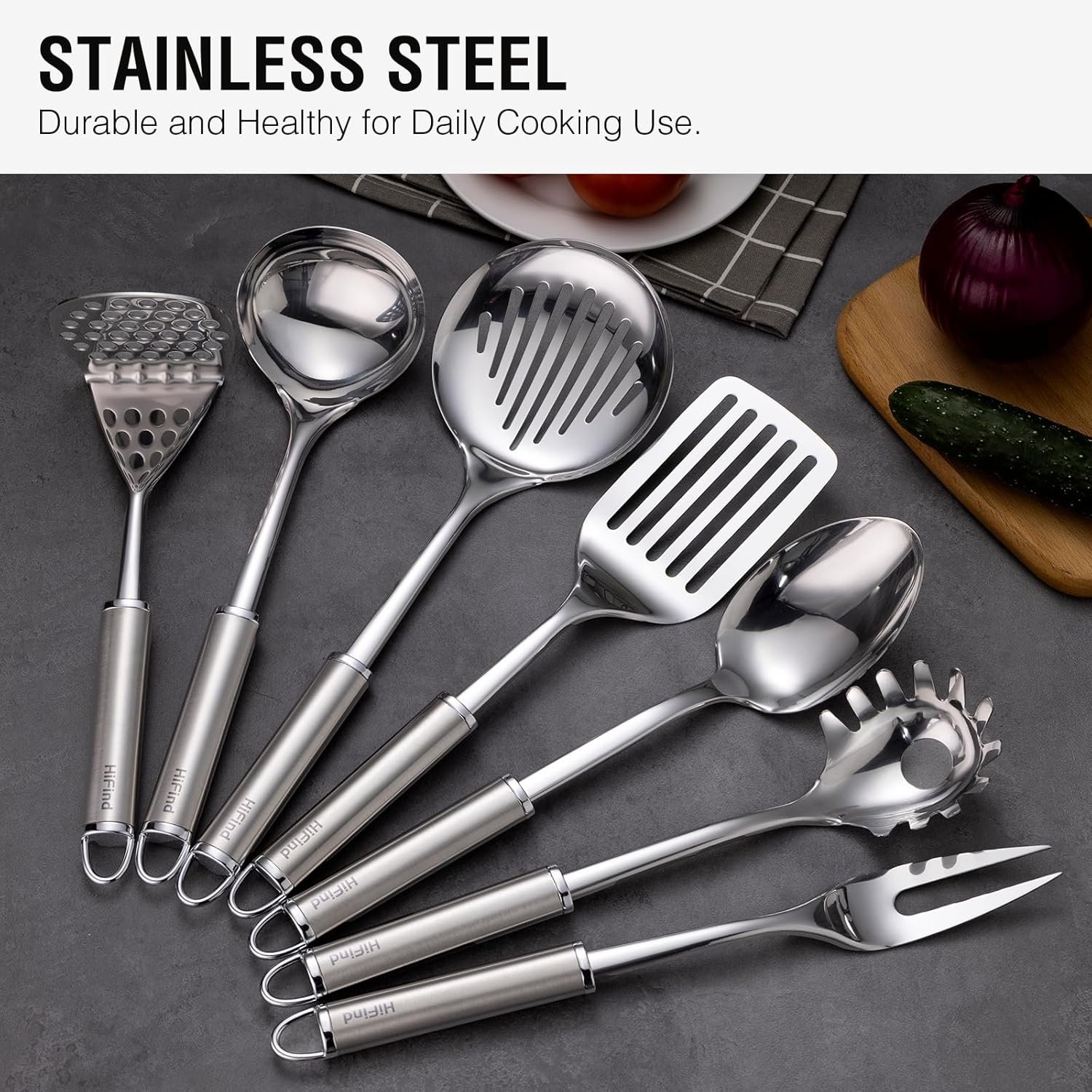 Stainless Steel Cooking Utensils 7PCS Kitchen Utensils Set, Heat Resistant Handle Utensils Set Included Ladle, Meat Fork, Slotted Spatula, Pasta Fork, Masher, Solid Spoon, Skimmer Spoon - Image 3