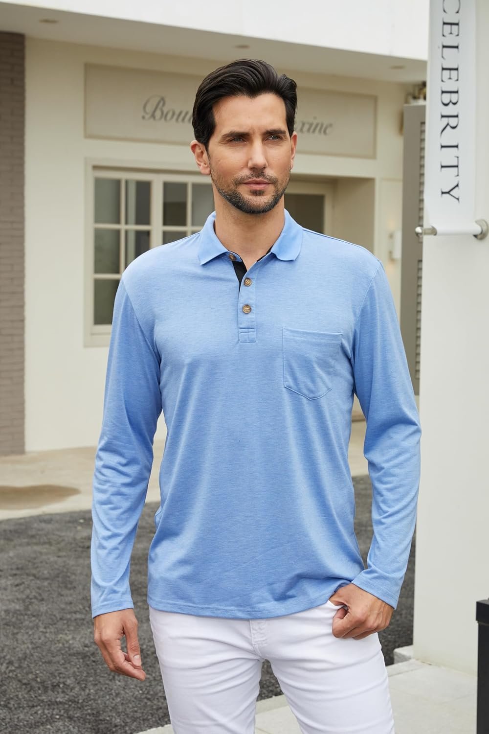 Men's Casual Long Sleeve Polo Shirts Button Classic Cotton Shirt Work Collared Stylish Golf Shirt with Pocket - Image 3