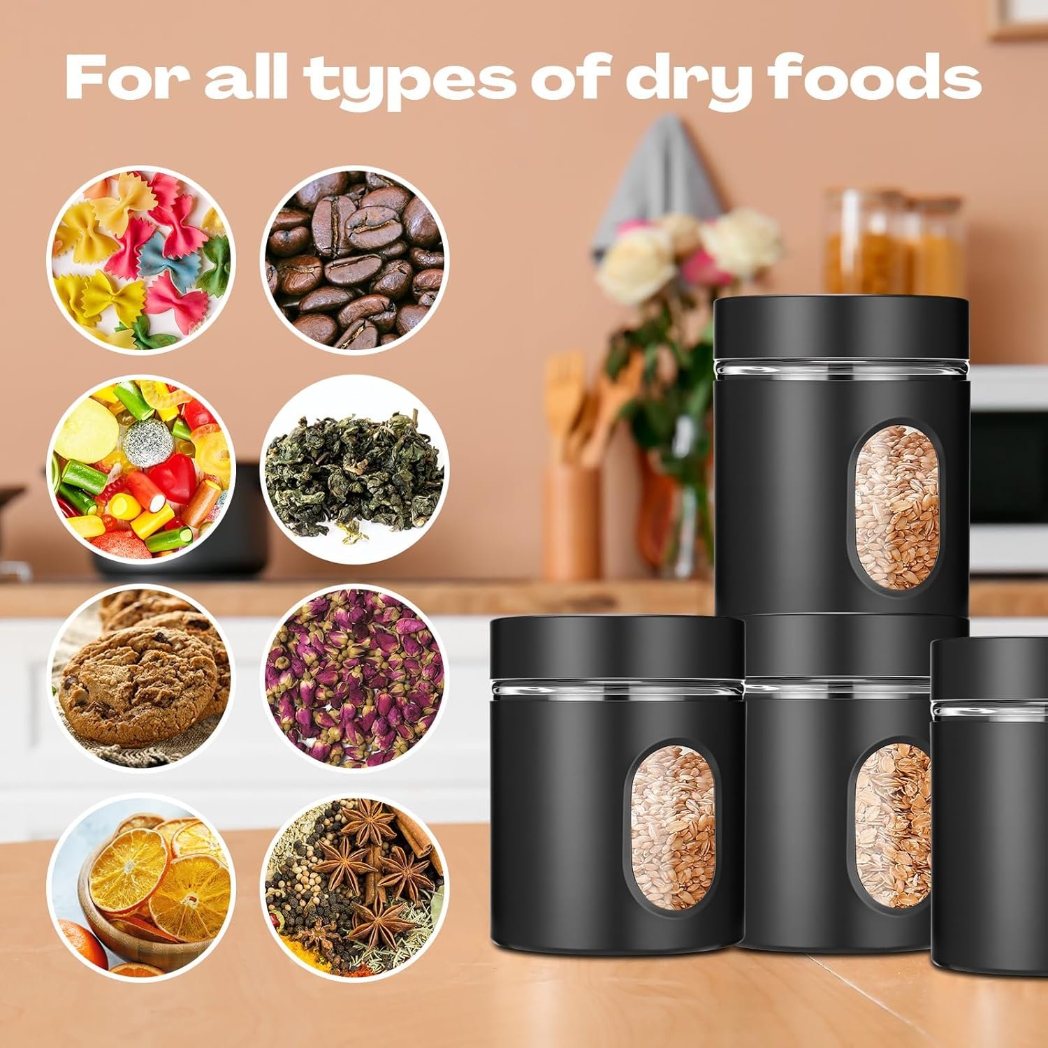 Patelai 6 Pack Kitchen Canisters Set 20 oz Airtight Stainless Steel Canister Food Storage Container with Window Glass, Coffee Sugar Candy Jars Tea Organizer for Flour Cookies Spice Kitchen (Black) - Image 8