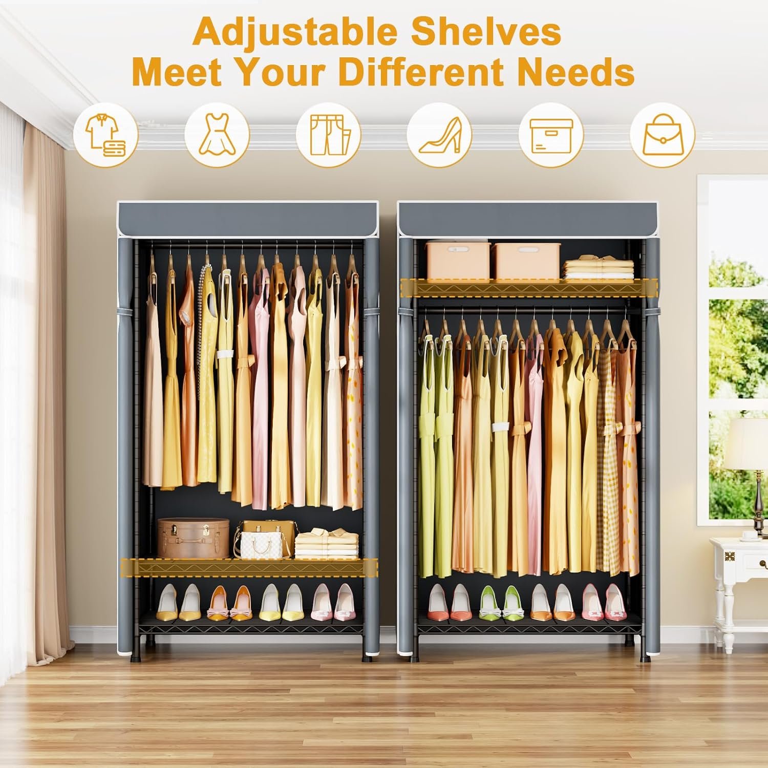 H5C Clothes Rack with Cover, Portable Closet for Hanging Clothes, Covered Clothing Racks Heavy Duty, Freestanding Garment Racks with Shelves, Max Load 360LBS Black Closet Rack with Gray Cover - Image 5