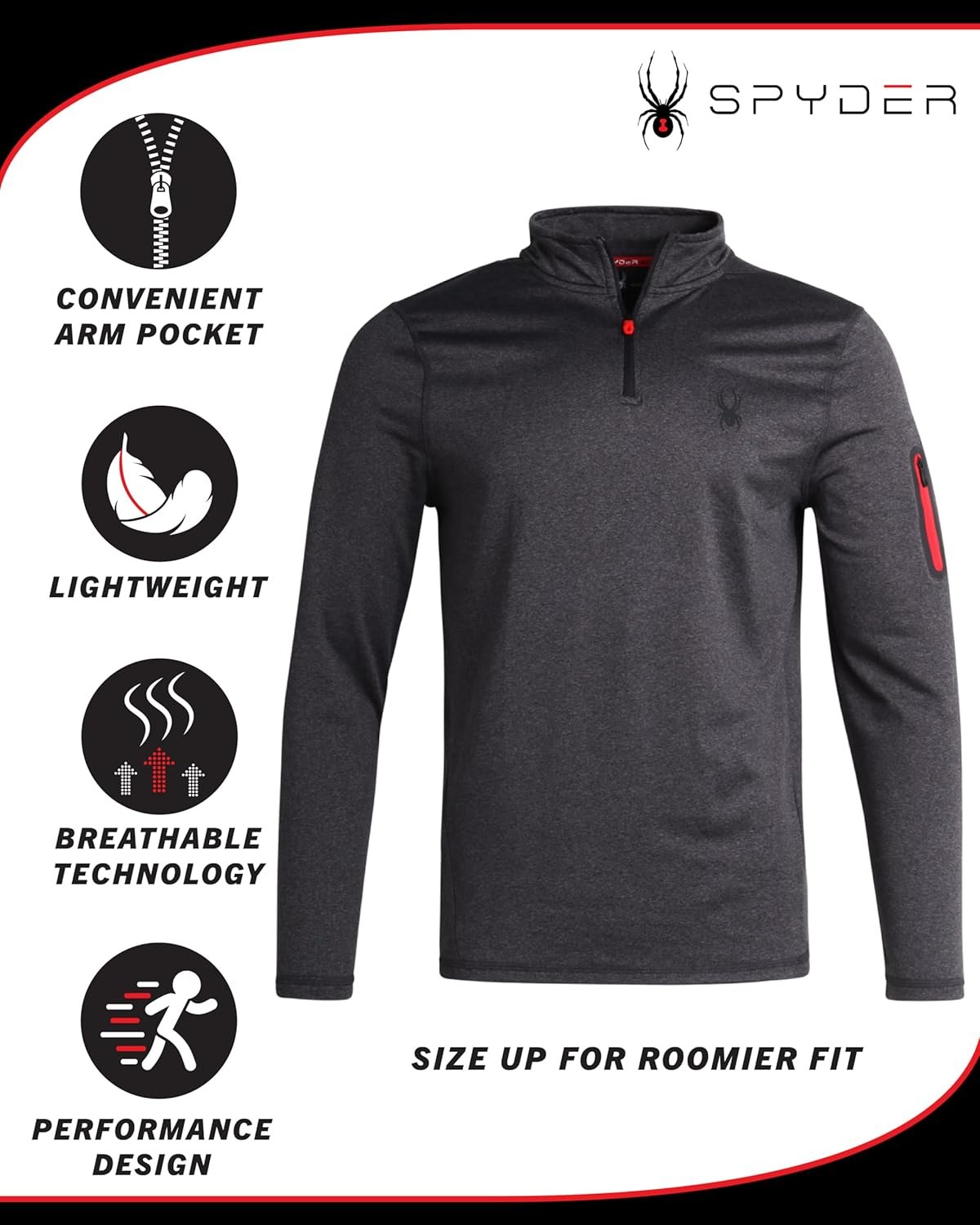 Spyder Men's Active Shirt - Quarter Zip Long Sleeve Performance Pullover - Lightweight Slim Fit Workout Shirt for Men (S-XL) - Image 3