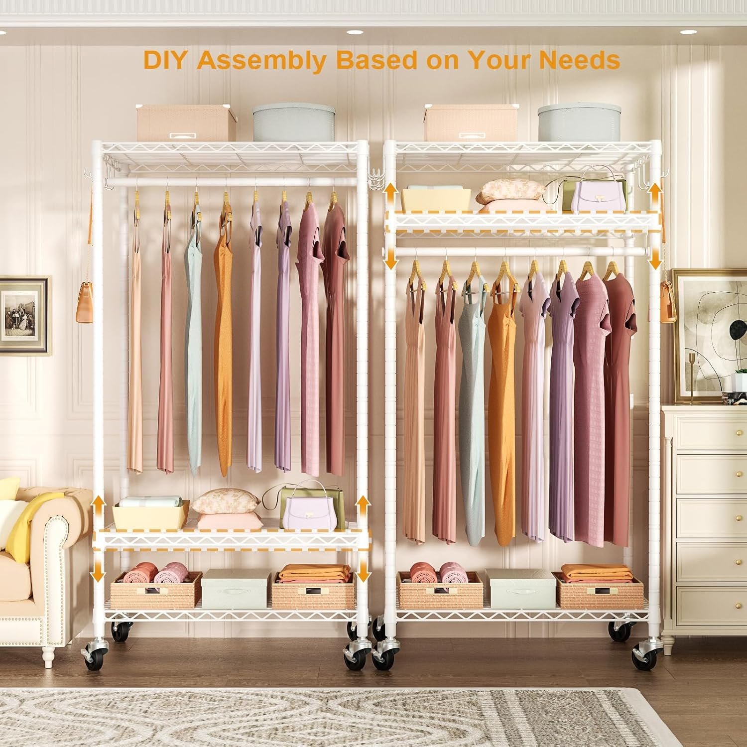 P6 Rolling Clothes Rack Heavy Duty, Clothing Racks for Hanging Clothes, Freestanding Garment Rack with Wheels, Portable Closet Rack Max Load 380 LBS, 35.5'' W x 14'' D x 74.6'' H, White - Image 5