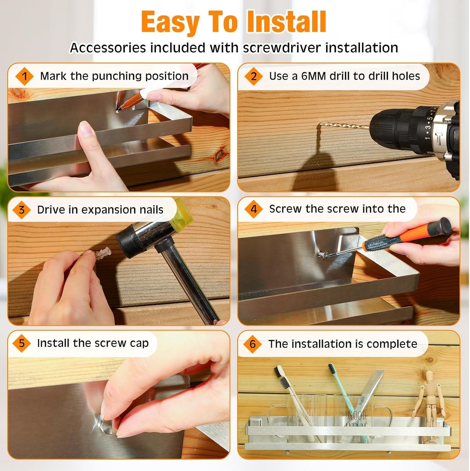 Lallisa 4 Pieces Stainless Steel Shelf Bathroom Shower Floating Shelves Wall Mounted Shower Caddy Basket Shelf Storage Organizer Shelves for Bathroom, Kitchen, Living Room, Silver, 15.75 Inch - Image 5