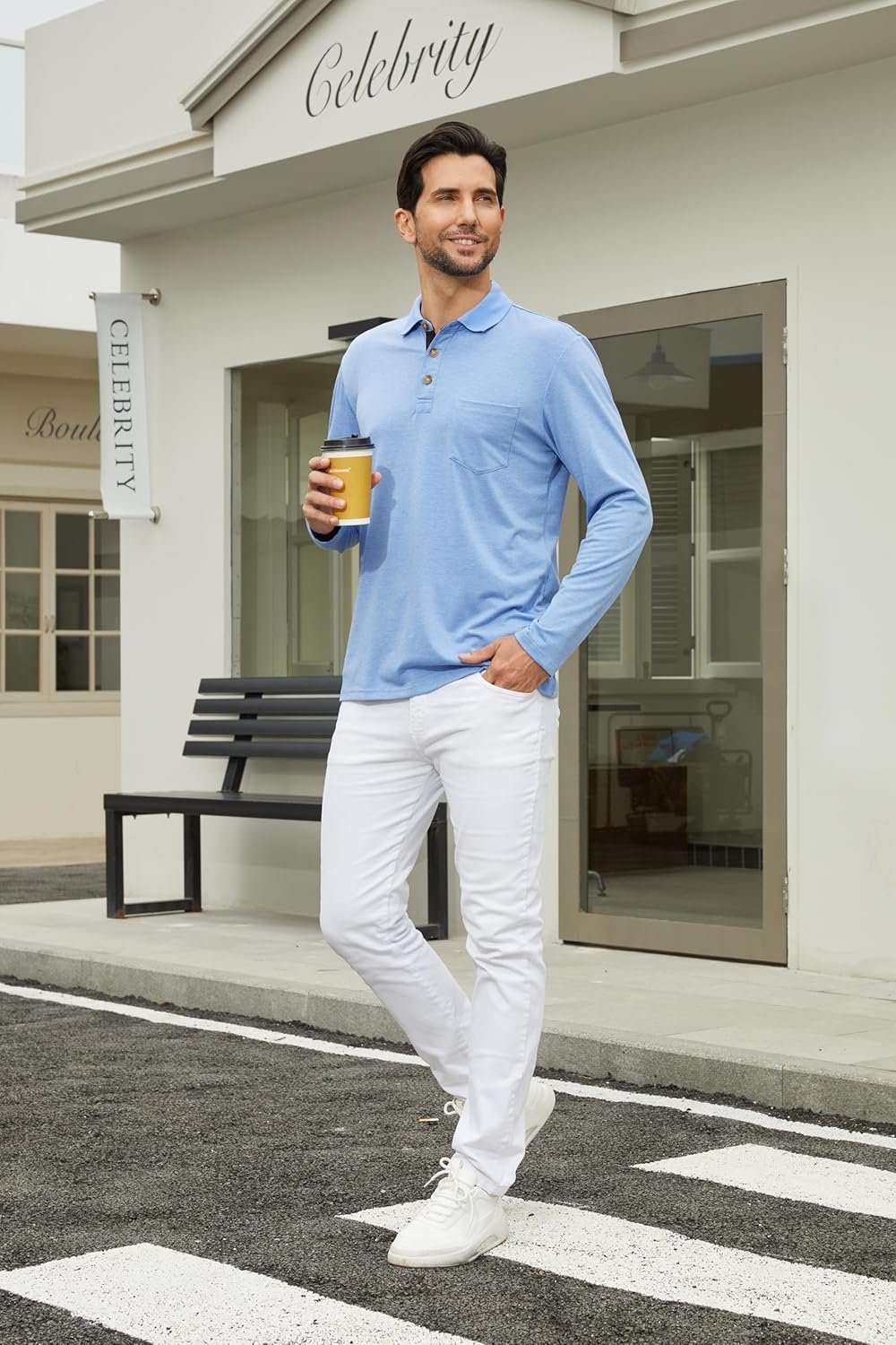 Men's Casual Long Sleeve Polo Shirts Button Classic Cotton Shirt Work Collared Stylish Golf Shirt with Pocket - Image 5