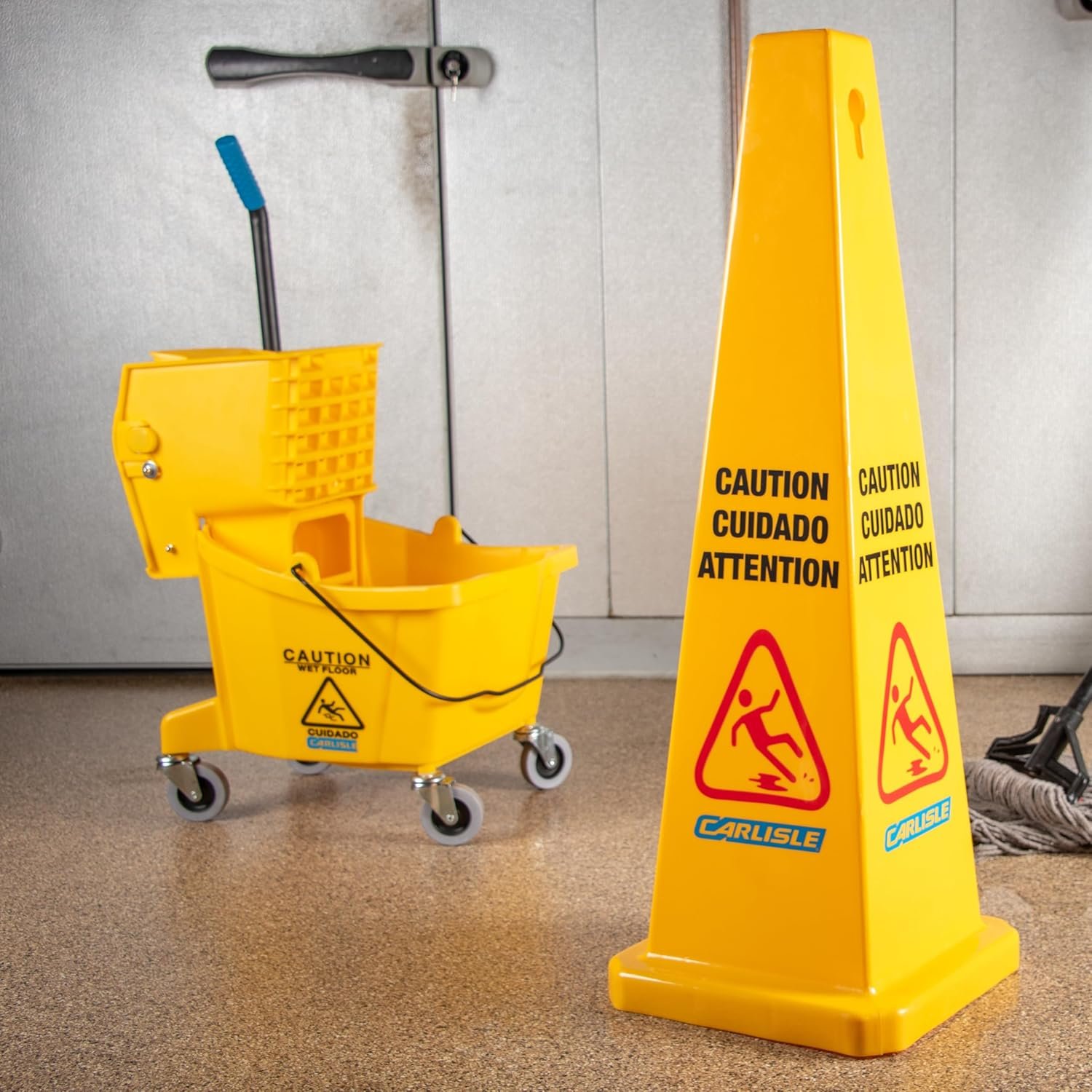 Carlisle FoodService Products 26-Quart Commercial Mop Bucket with Side-Press Wringer, Precision-Molded Polypropylene, Durable Wringer, Bucket with Non-Marking Casters, 18.5 x 16.5 x 23 Inches, Yellow - Image 4