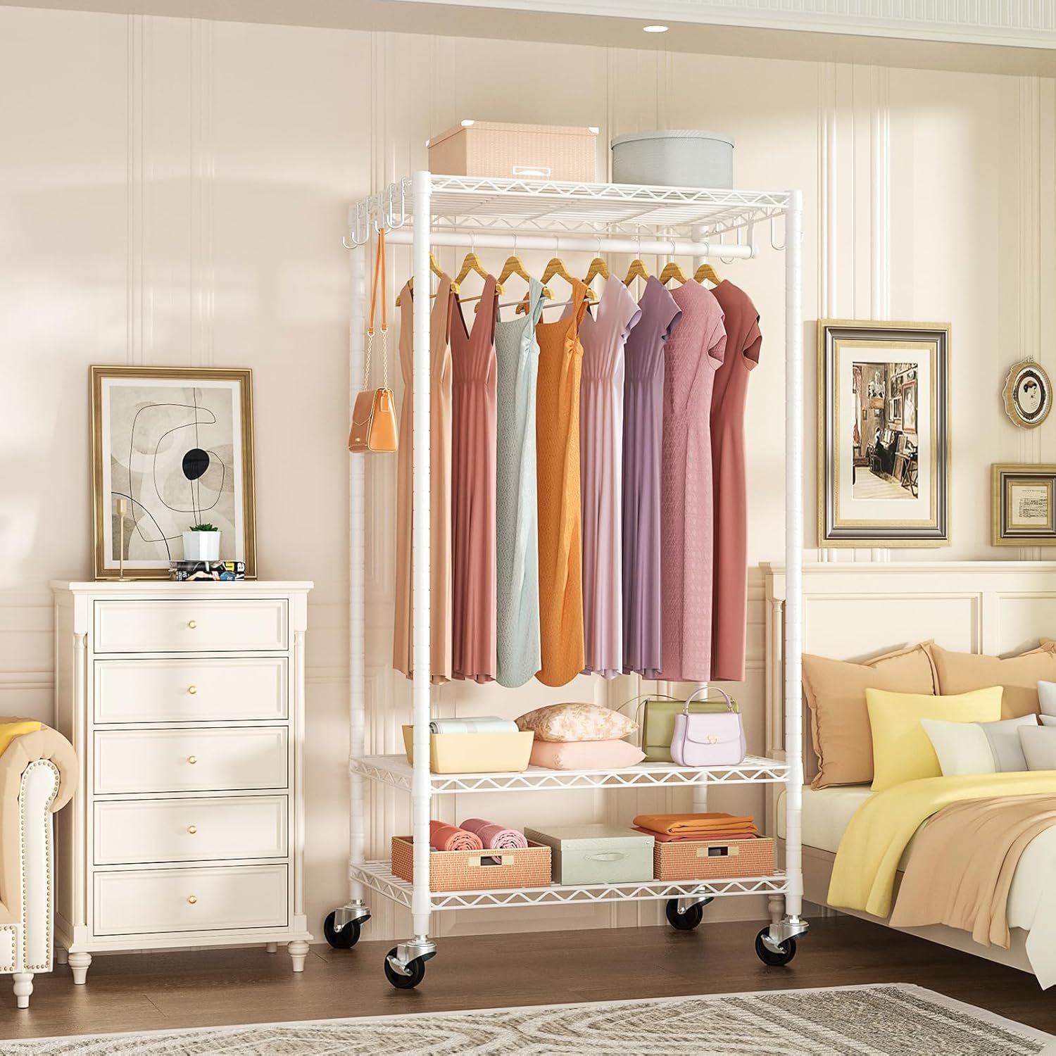 P6 Rolling Clothes Rack Heavy Duty, Clothing Racks for Hanging Clothes, Freestanding Garment Rack with Wheels, Portable Closet Rack Max Load 380 LBS, 35.5'' W x 14'' D x 74.6'' H, White - Image 3