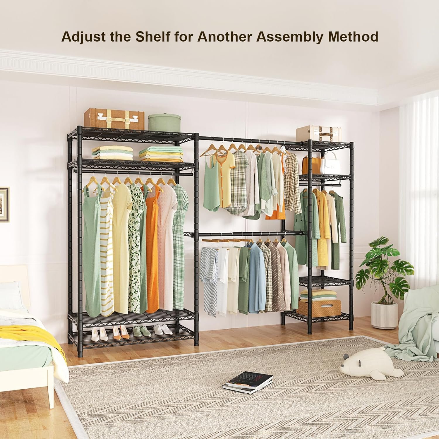 Ulif E11 Heavy-Duty Garment Rack, Metal Freestanding Clothes Rack and Closet Storage Organizer System with 8 Shelves and 4 Hanger Rods, (73.2 - 97.6)"W x 14.5"D x 71.2"H, Load 1034 LBS, Black - Image 4