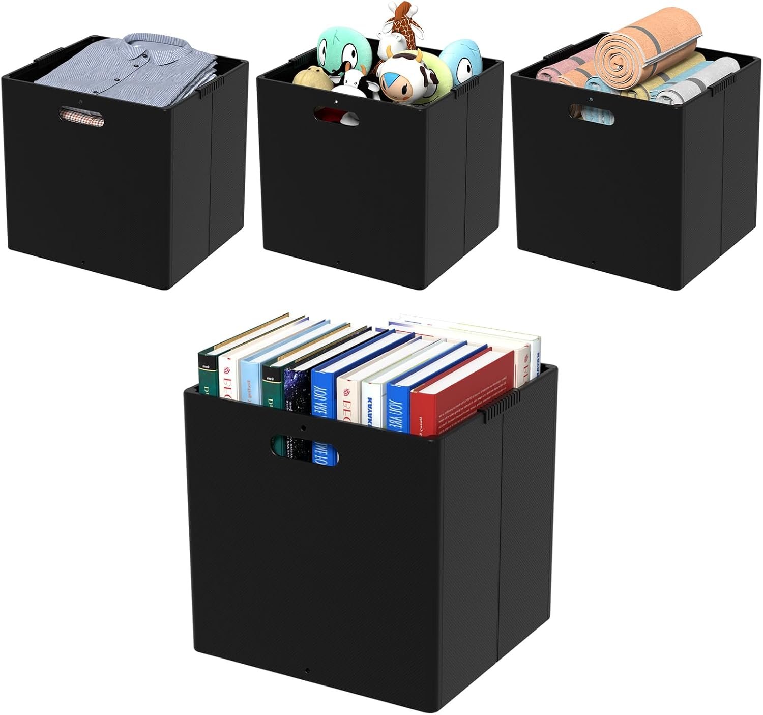 13 Inches Plastic Foldable Cube Bins, Black Plastic Collapsible Storage Cubes, 4 Packs - Image 10