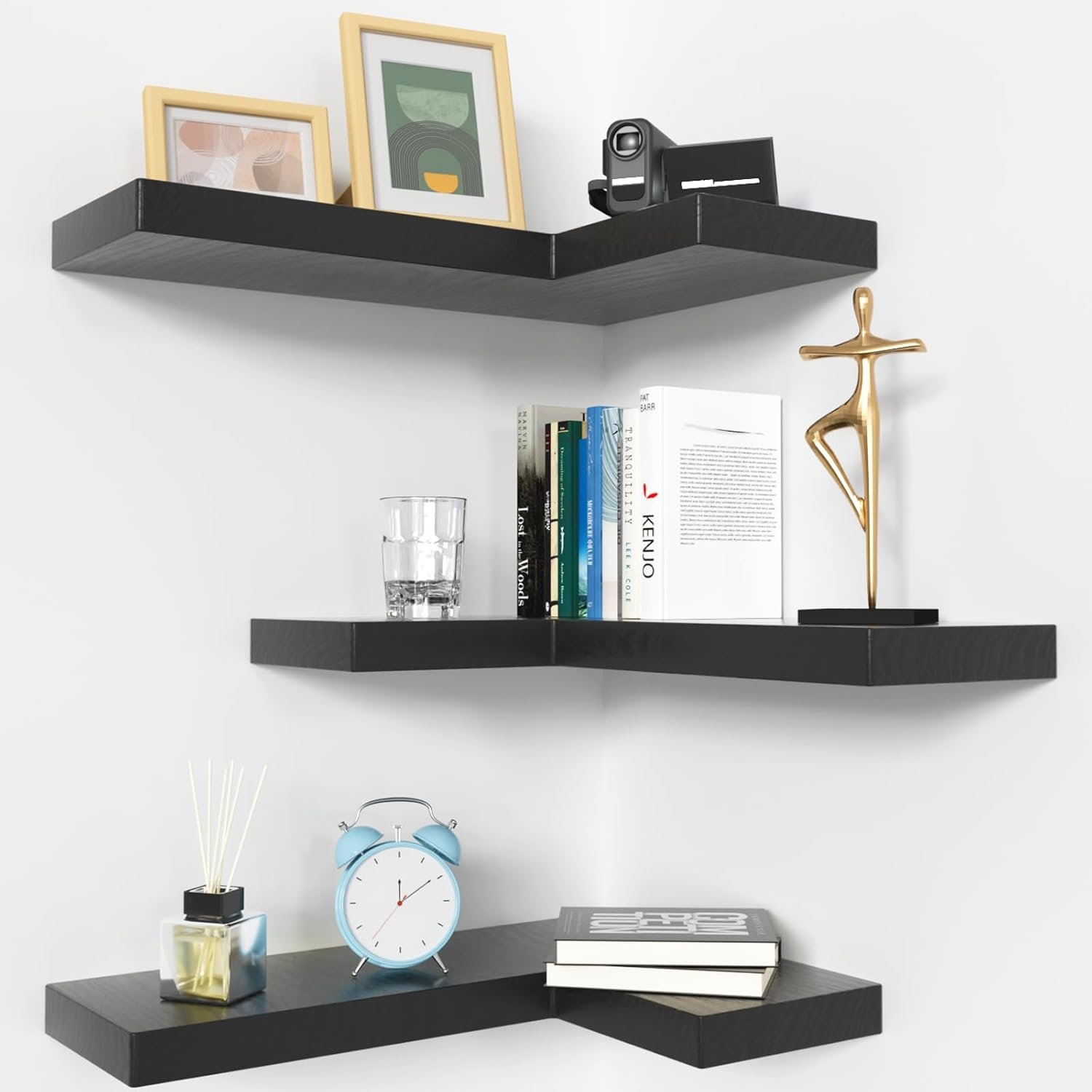 NATURE'S SOURCE Corner Floating Shelves with Invisible Brackets, Corner Shelves Wall Mounted Set of 3, Bedroom Bathroom Kitchen Living Room Office- Gothic Style 16.6" x 6" (Black) - Image 2