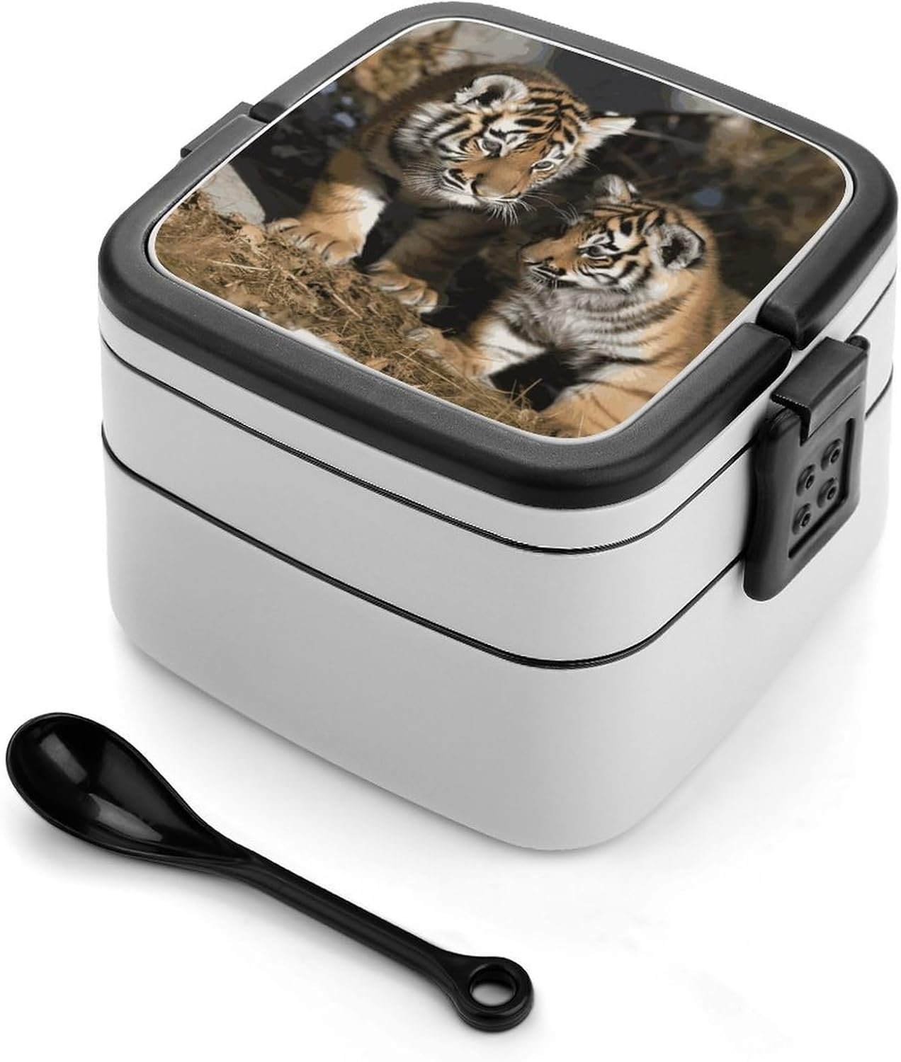 Siberian Tiger Bento Box with Spoon, 2-layer Stackable Lunch Box Leak Proof with Invisible Handle, Insulated Food Storage for Office, Picnic & Travel - Image 2