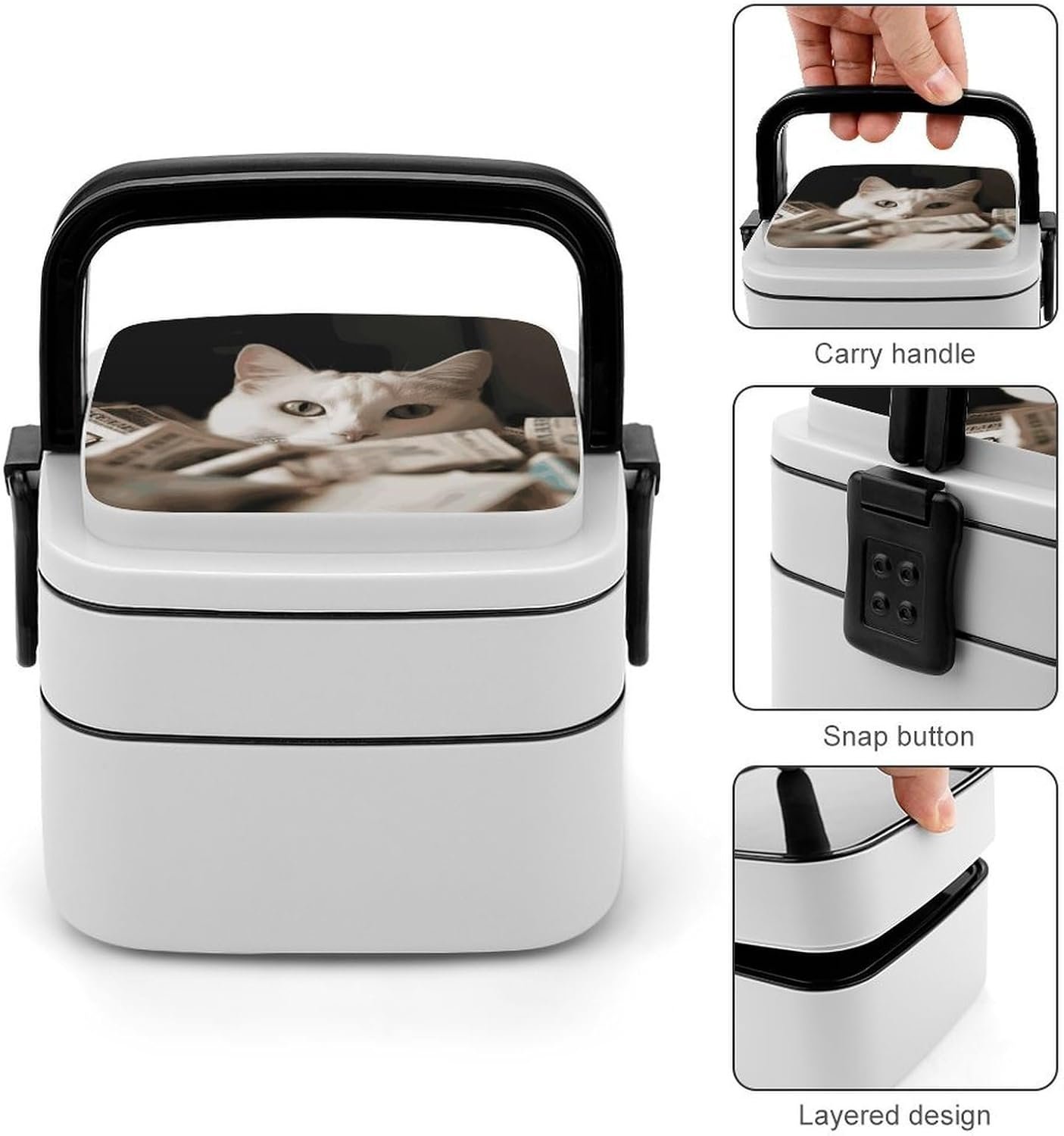 White Cat And Pile of Dollars Bento Box with Spoon, 2-layer Stackable Lunch Box Leak Proof with Invisible Handle, Insulated Food Storage for Office, Picnic & Travel - Image 6