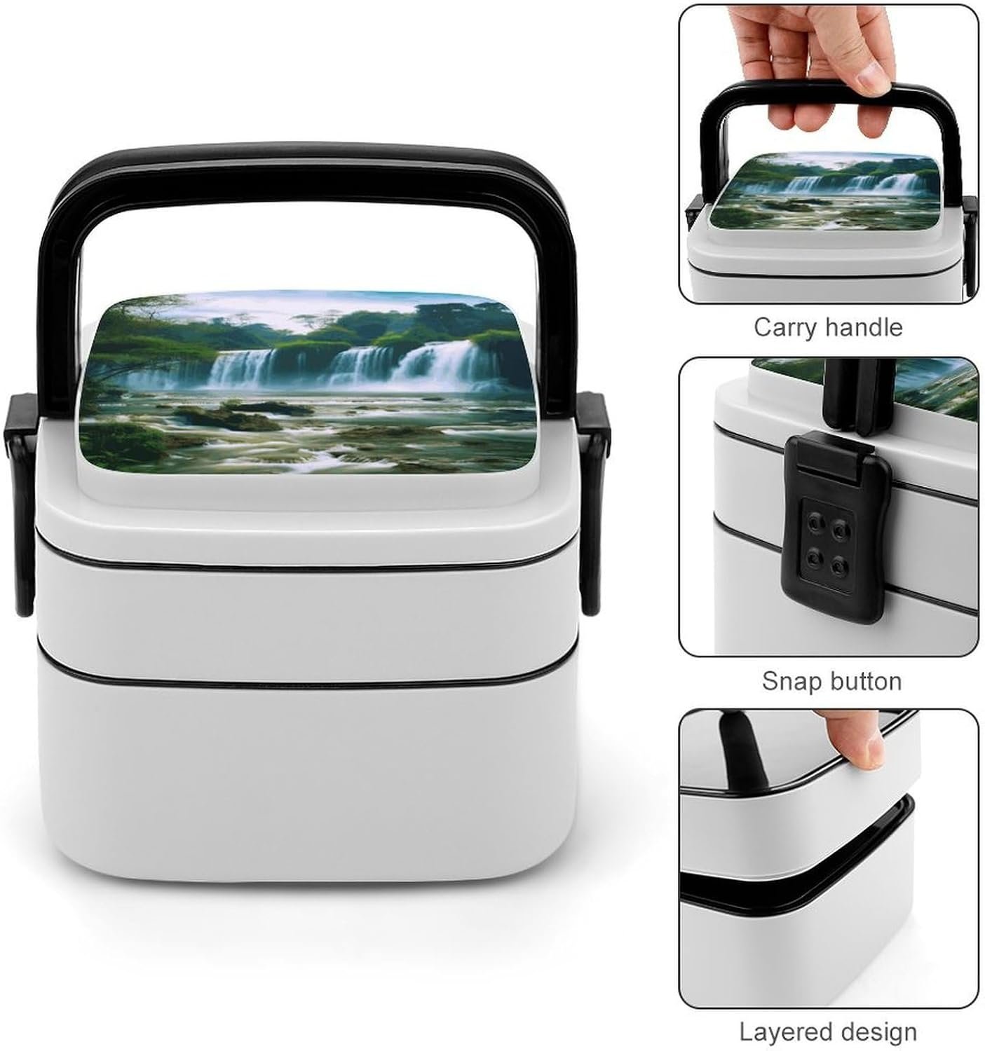 Waterfall Scenery Bento Box with Spoon, 2-layer Stackable Lunch Box Leak Proof with Invisible Handle, Insulated Food Storage for Office, Picnic & Travel - Image 6