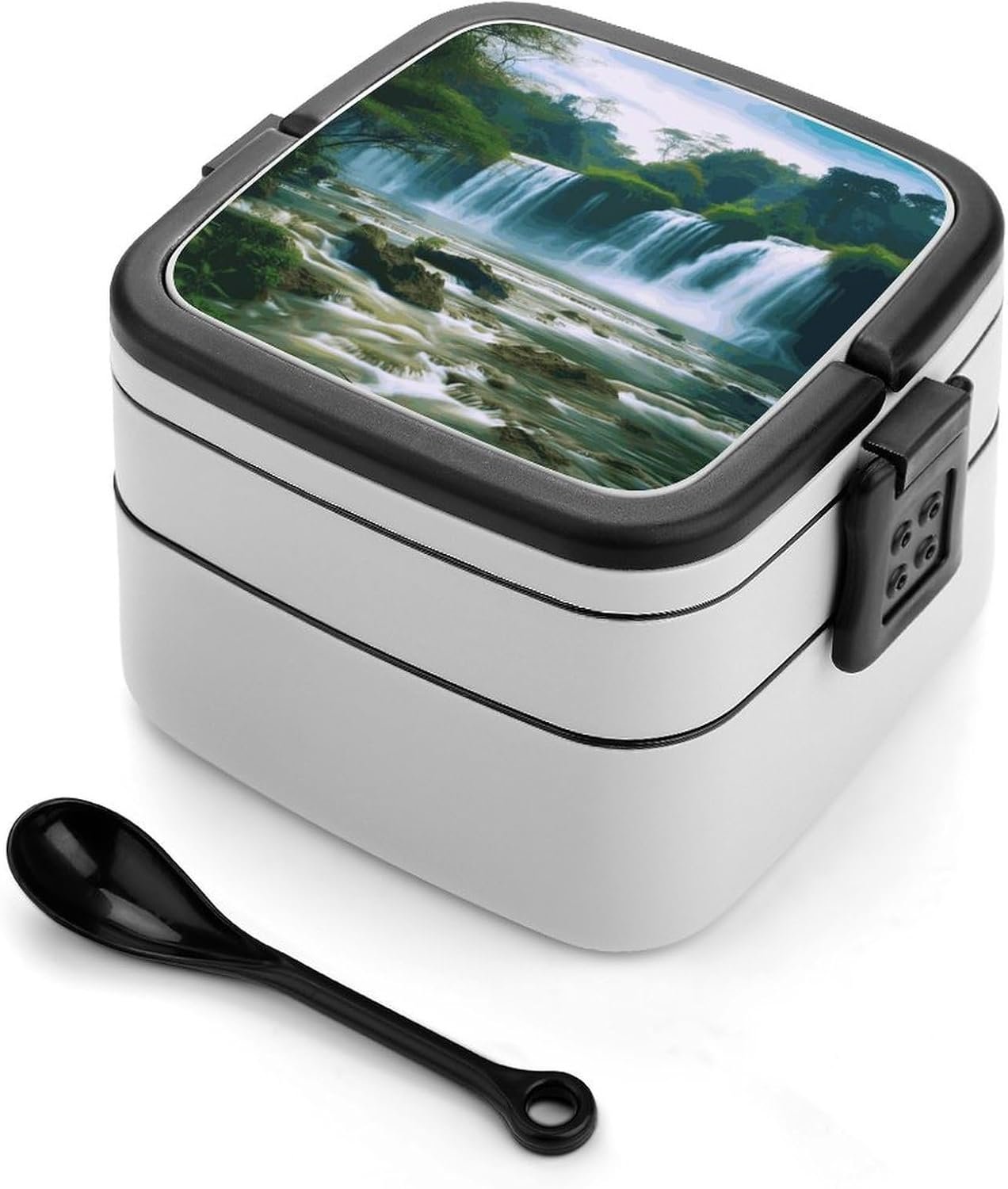 Waterfall Scenery Bento Box with Spoon, 2-layer Stackable Lunch Box Leak Proof with Invisible Handle, Insulated Food Storage for Office, Picnic & Travel - Image 2