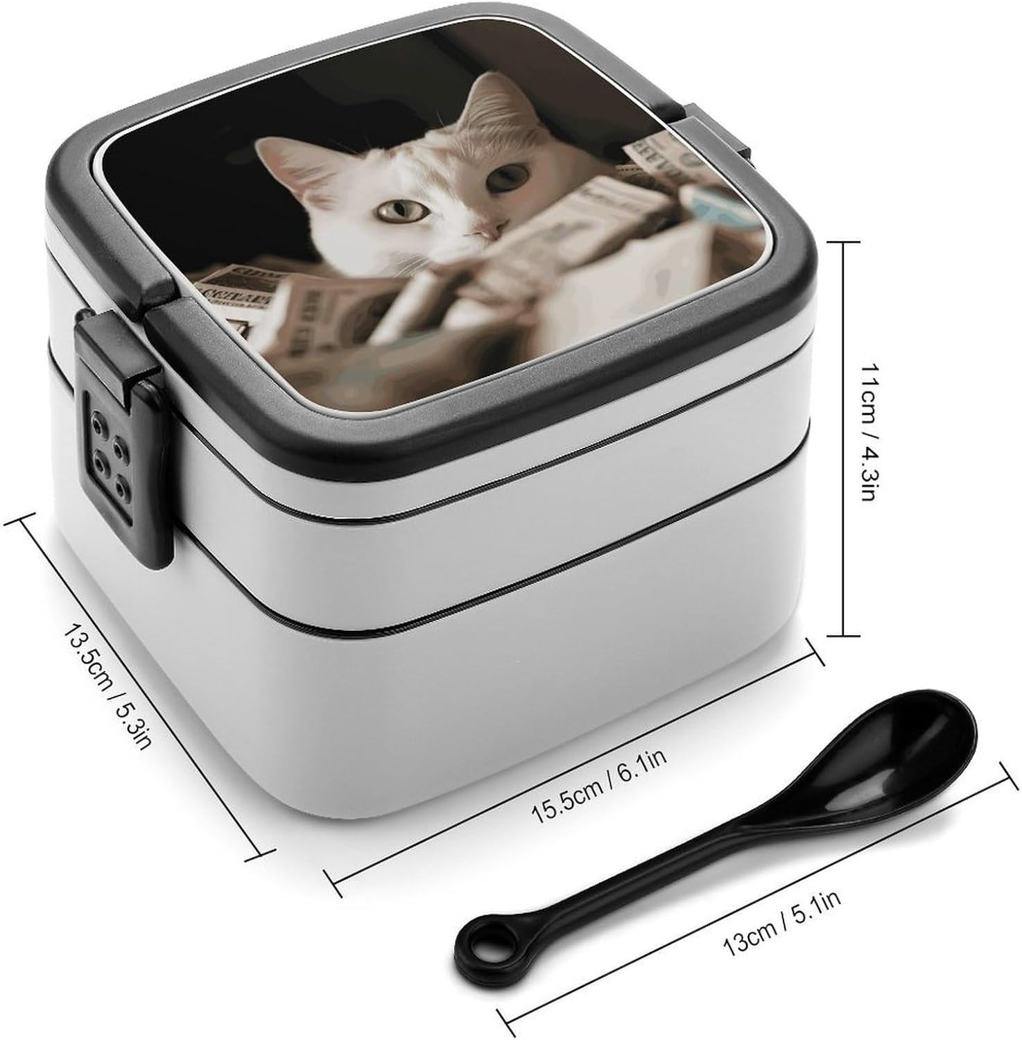 White Cat And Pile of Dollars Bento Box with Spoon, 2-layer Stackable Lunch Box Leak Proof with Invisible Handle, Insulated Food Storage for Office, Picnic & Travel - Image 3