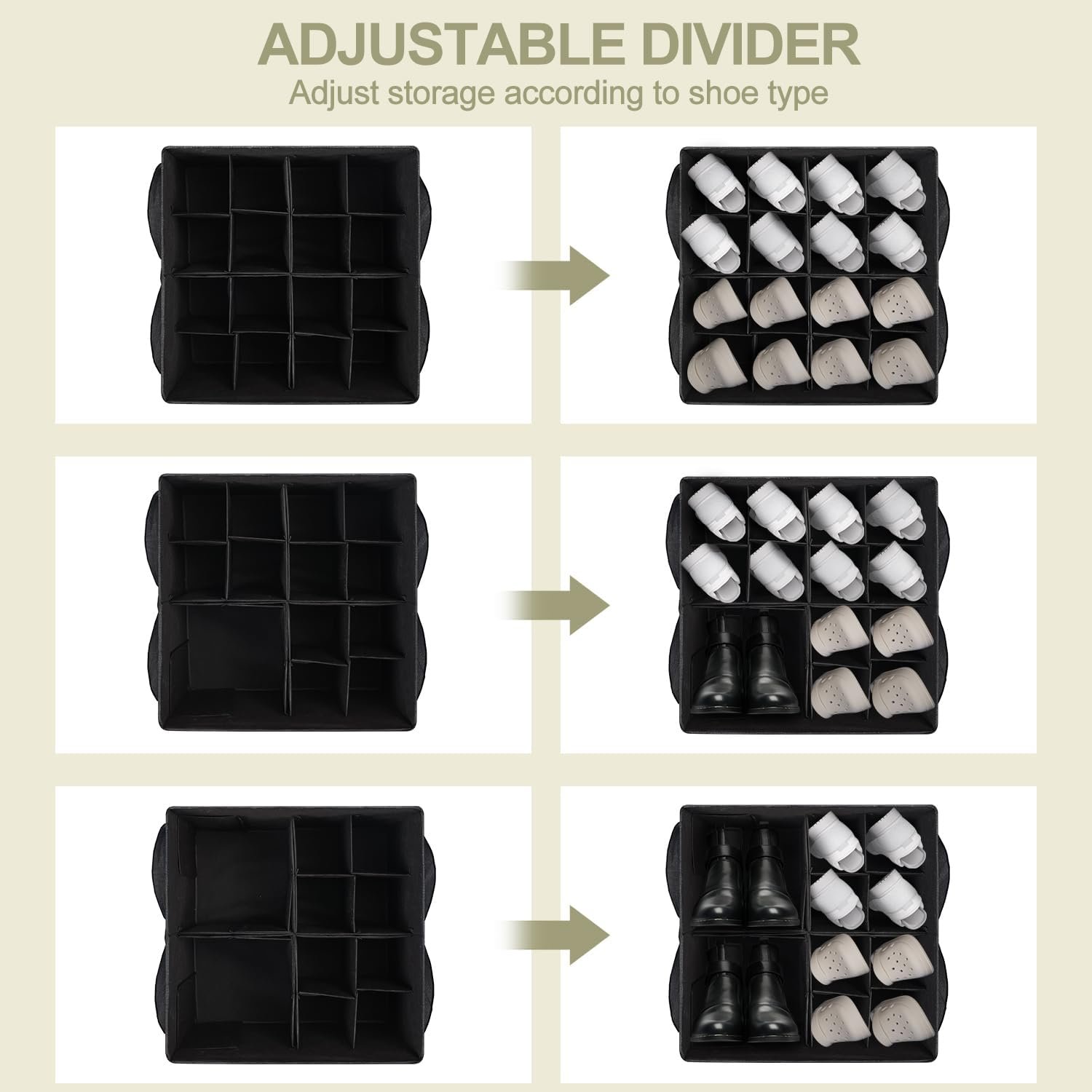 Shoe Organizer for Closet, Fits 16 Pairs, Large Shoe Box Storage Containers with Clear Lid, Foldable Adjustable Dividers for Shoe Storage, Space Saving Shoes Holder with Handles (Black) - Image 5