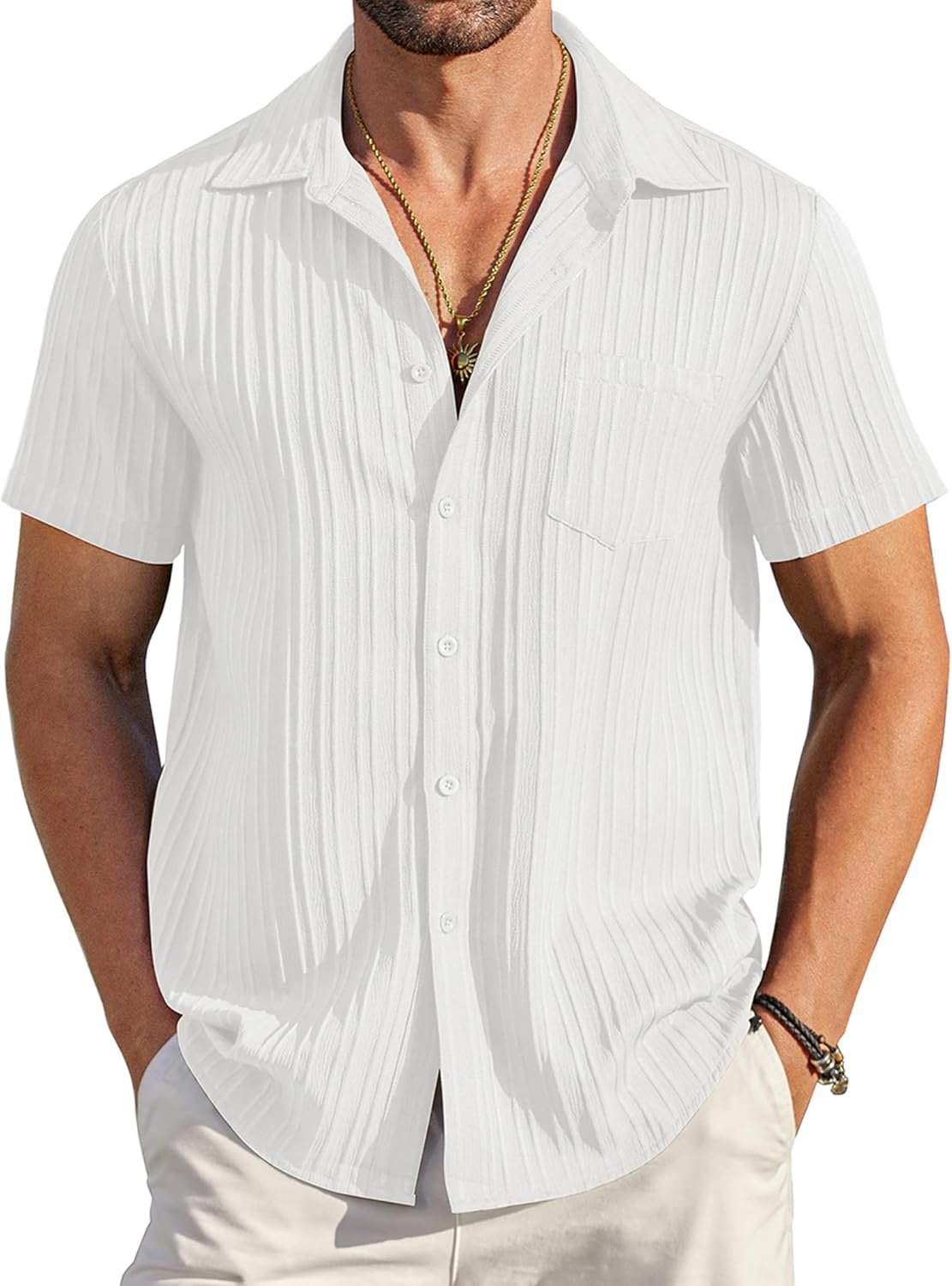 COOFANDY Men's Casual Button Down Shirts Short Sleeve Textured Summer Beach Shirt with Pocket - Image 2