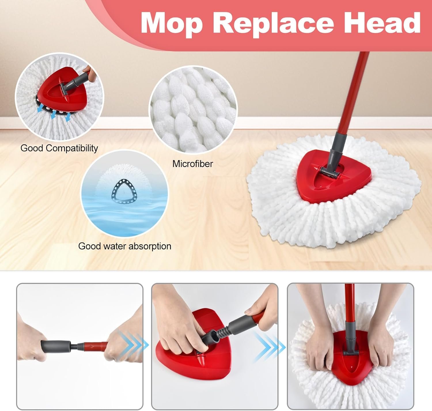 Mop Replacements Heads& Handle Scrub Brush and Mop Base Combo Set Compatible with Ocedar Spin Mop Refills,3 Microfiber Mop Head, 4-Section Iron Mop Stick 30-58in,1 Scrub Brushs and 1 Mop Base - Image 5