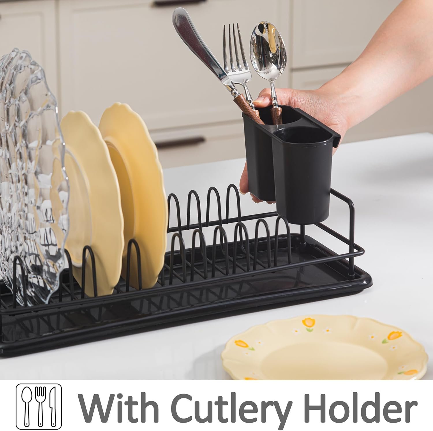 Dish Drying Rack Small, Space Saving Dish Rack for Kitchen Counter, Up to 12 Plates, Rustproof Dish Drainer with Removable Utensil Holder, 16" L x 6.7" W, Black - Image 5