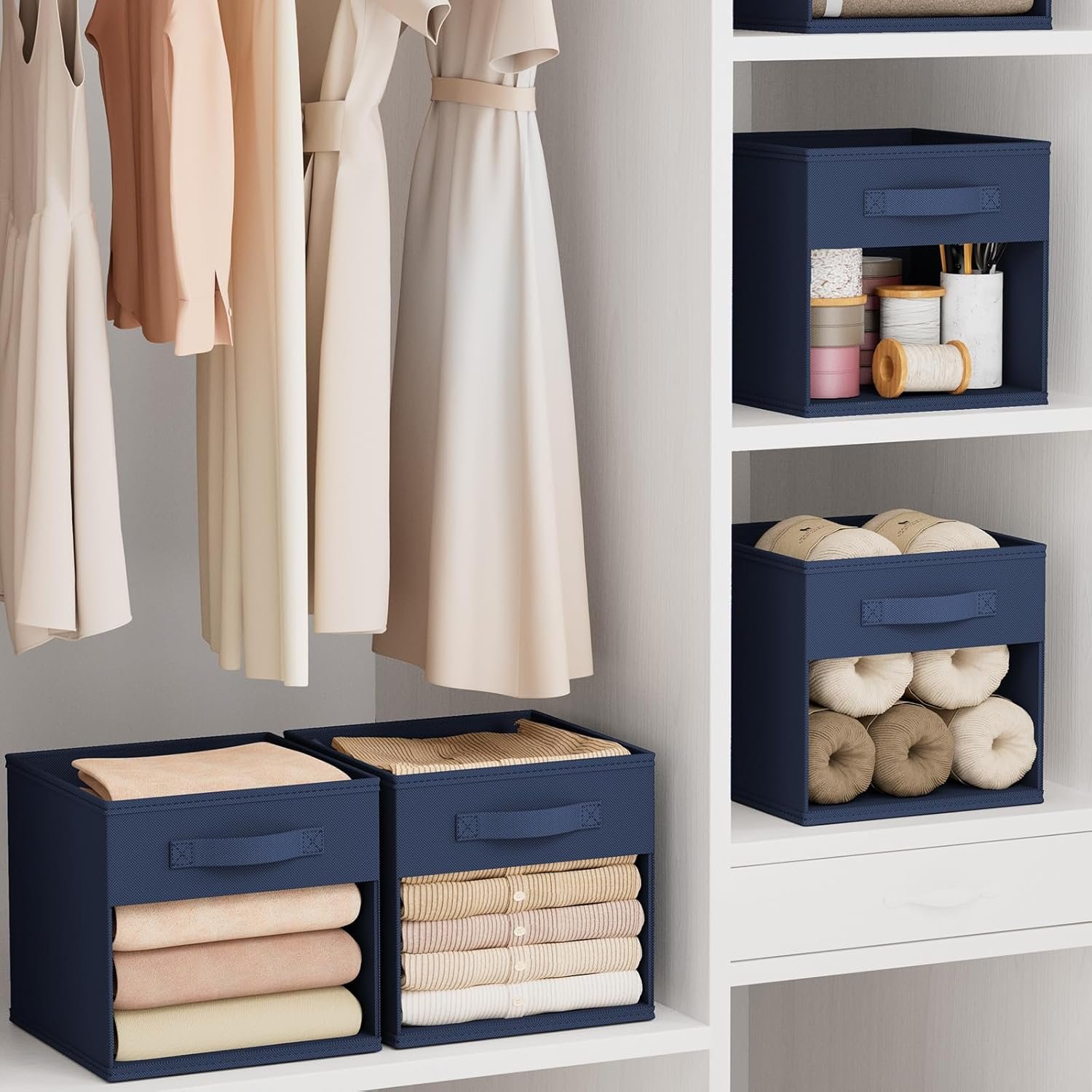 DIMJ Storage Cubes, Cube Storage Bin, 8 Pack Foldable Baskets with Window, Closet Storage Bins with Handle, 11x 11 inch Storage Cubes for Clothes, Toys, Books (Navy Blue) - Image 6