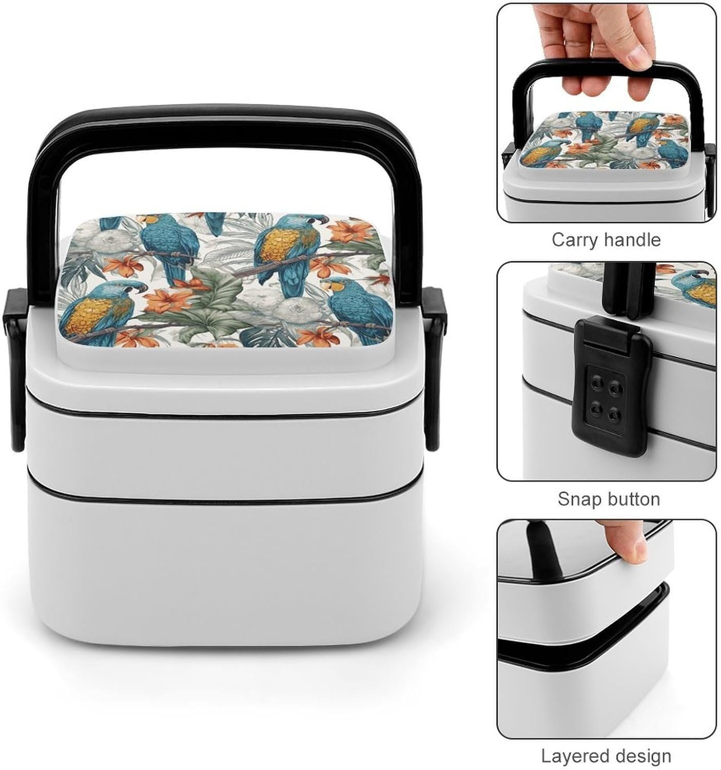 Parrots on Branches Bento Box with Spoon, 2-layer Stackable Lunch Box Leak Proof with Invisible Handle, Insulated Food Storage for Office, Picnic & Travel - Image 6
