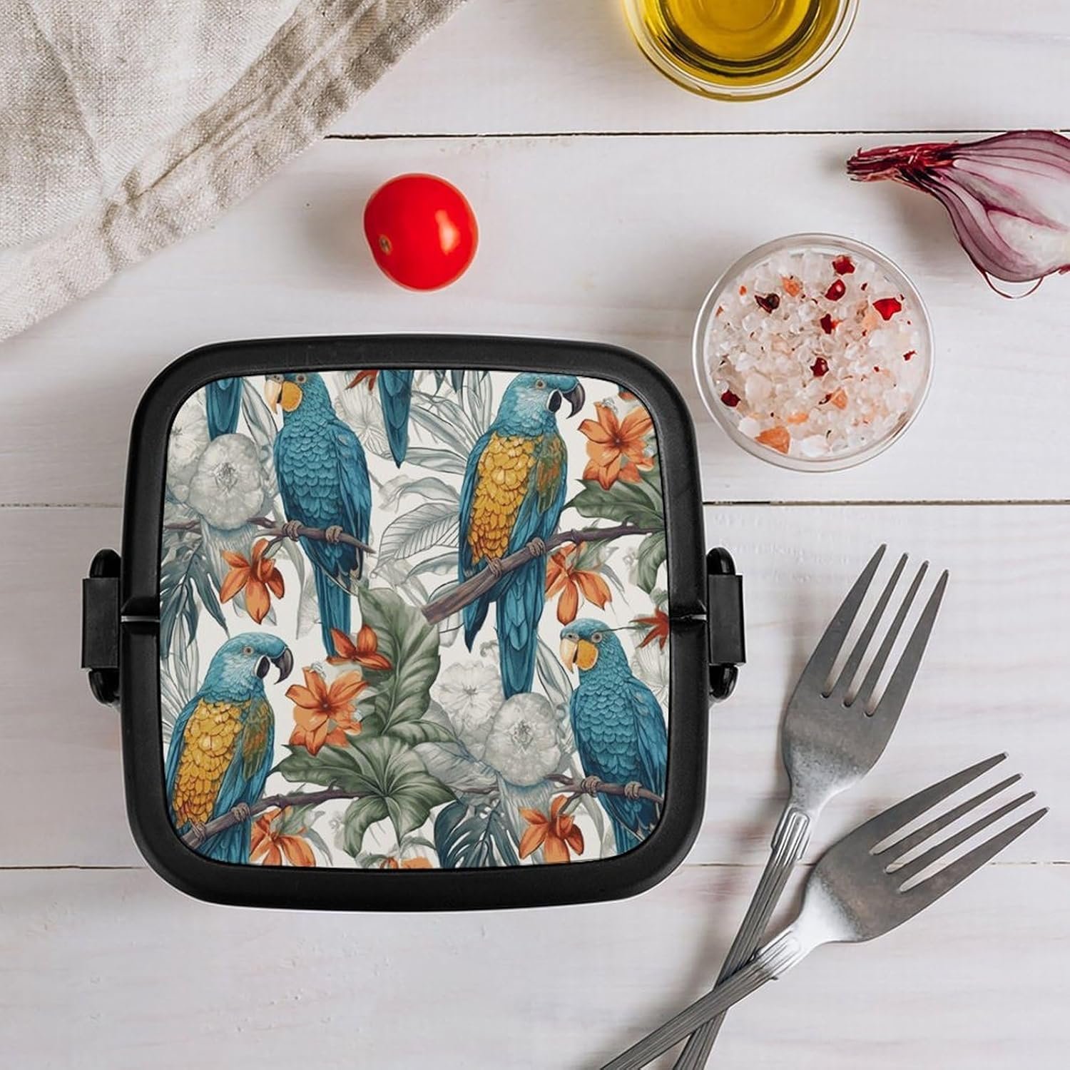 Parrots on Branches Bento Box with Spoon, 2-layer Stackable Lunch Box Leak Proof with Invisible Handle, Insulated Food Storage for Office, Picnic & Travel - Image 9