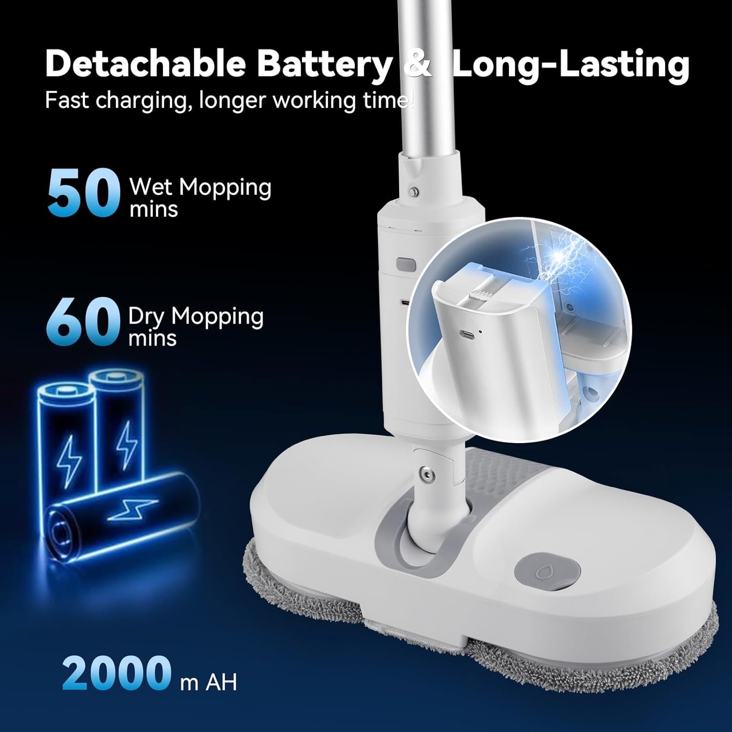 Cordless Electric Mop, Dual Motor Powerful Spin, Cordless Mop with LED Headlight/Water Sprayer, 250ML Large Water Tank Spin, Quiet Cleaning & Waxing-Suitable for Multi-layer Floors - Image 4