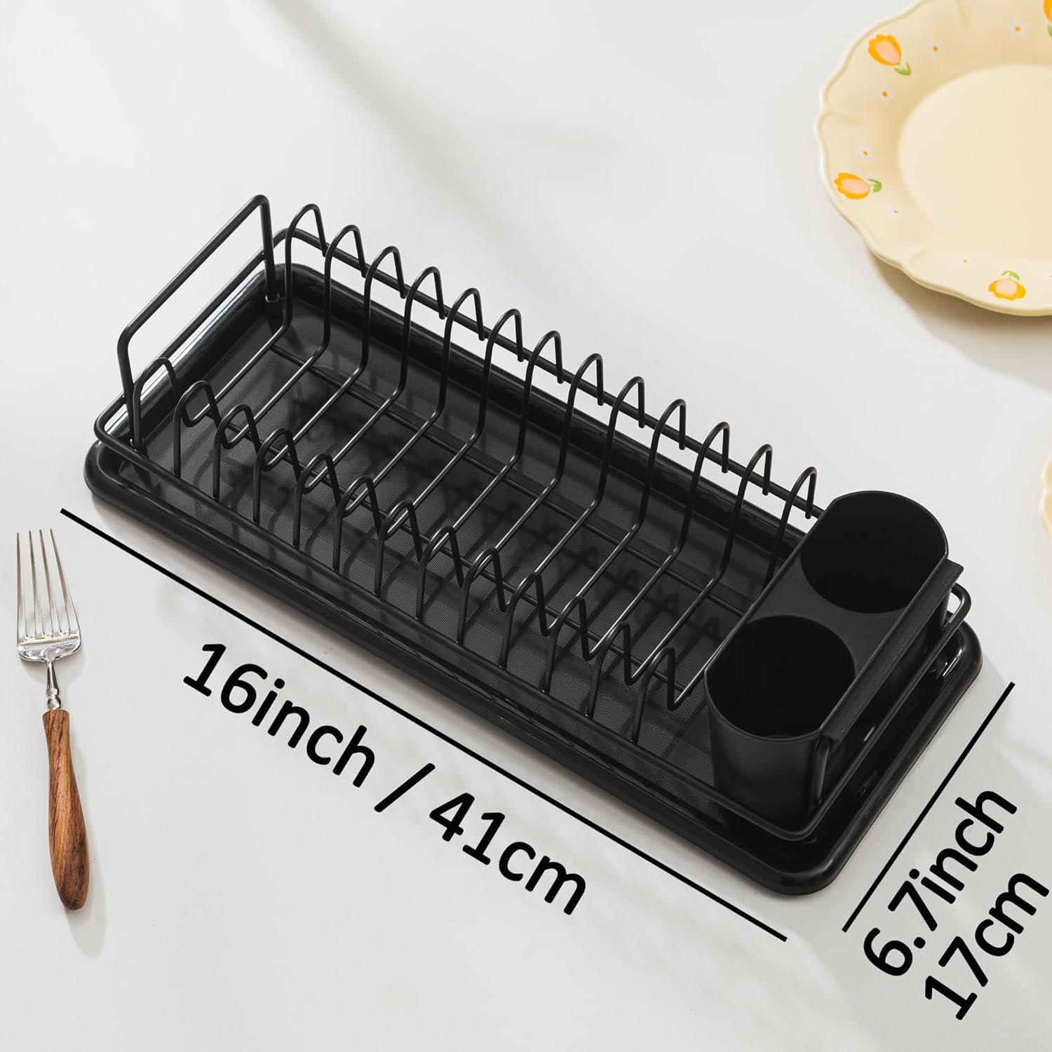 Dish Drying Rack Small, Space Saving Dish Rack for Kitchen Counter, Up to 12 Plates, Rustproof Dish Drainer with Removable Utensil Holder, 16" L x 6.7" W, Black - Image 7