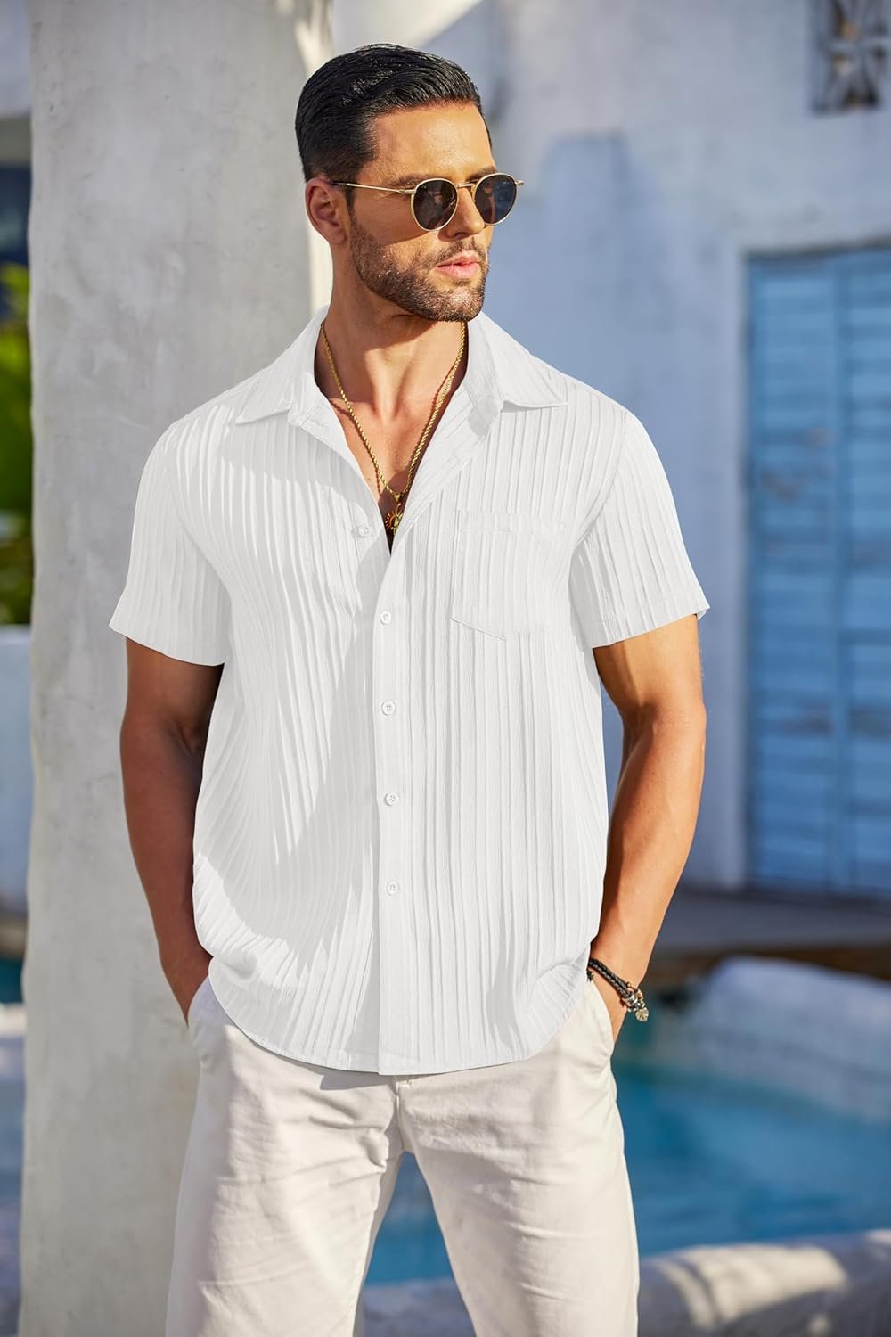 COOFANDY Men's Casual Button Down Shirts Short Sleeve Textured Summer Beach Shirt with Pocket - Image 4