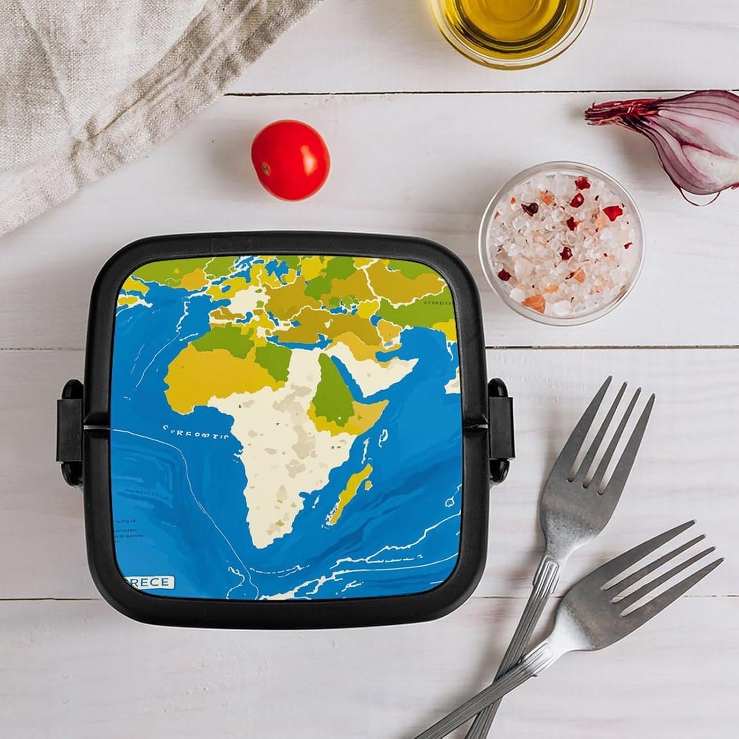 Greece Map Print Bento Box with Spoon, 2-layer Stackable Lunch Box Leak Proof with Invisible Handle, Insulated Food Storage for Office, Picnic & Travel - Image 9