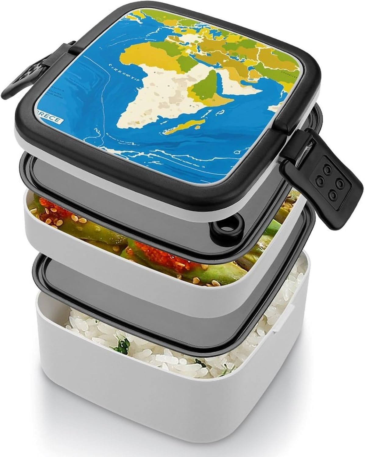 Greece Map Print Bento Box with Spoon, 2-layer Stackable Lunch Box Leak Proof with Invisible Handle, Insulated Food Storage for Office, Picnic & Travel - Image 5