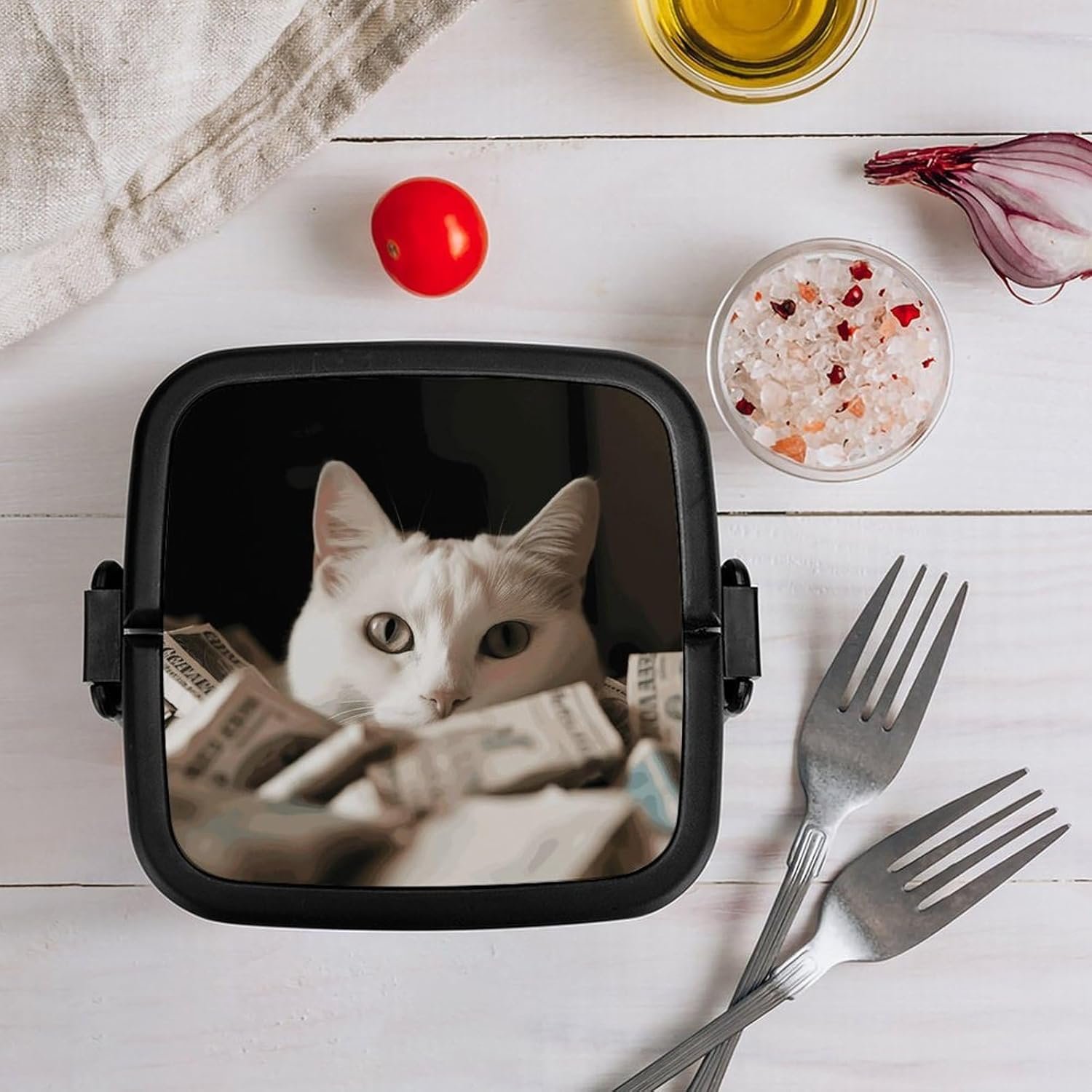 White Cat And Pile of Dollars Bento Box with Spoon, 2-layer Stackable Lunch Box Leak Proof with Invisible Handle, Insulated Food Storage for Office, Picnic & Travel - Image 9