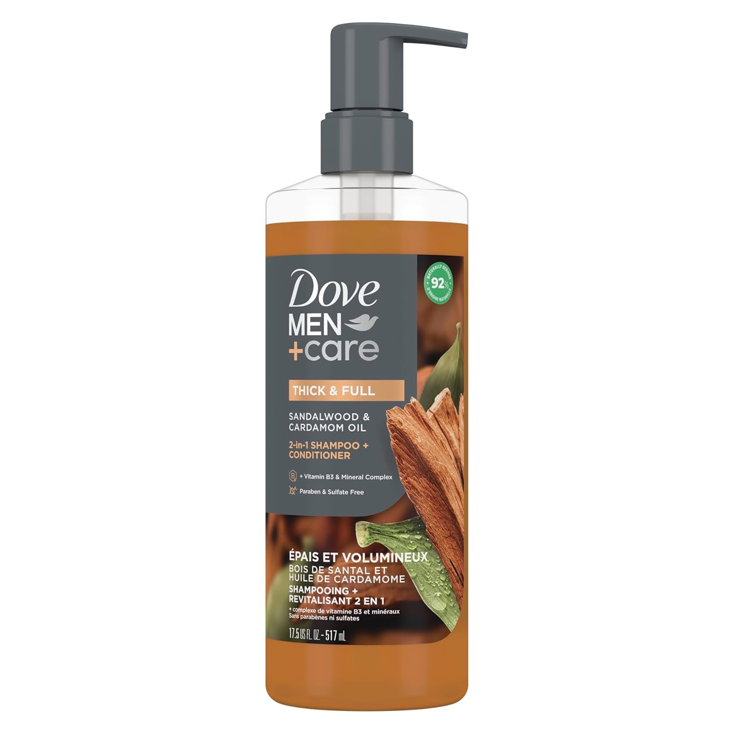 DOVE MEN + CARE 2-in-1 Shampoo + Conditioner Sandalwood & Cardamom Oil for Thick & Full Hair, + Vitamin B3 & Mineral Complex, 17.5 oz - Image 2