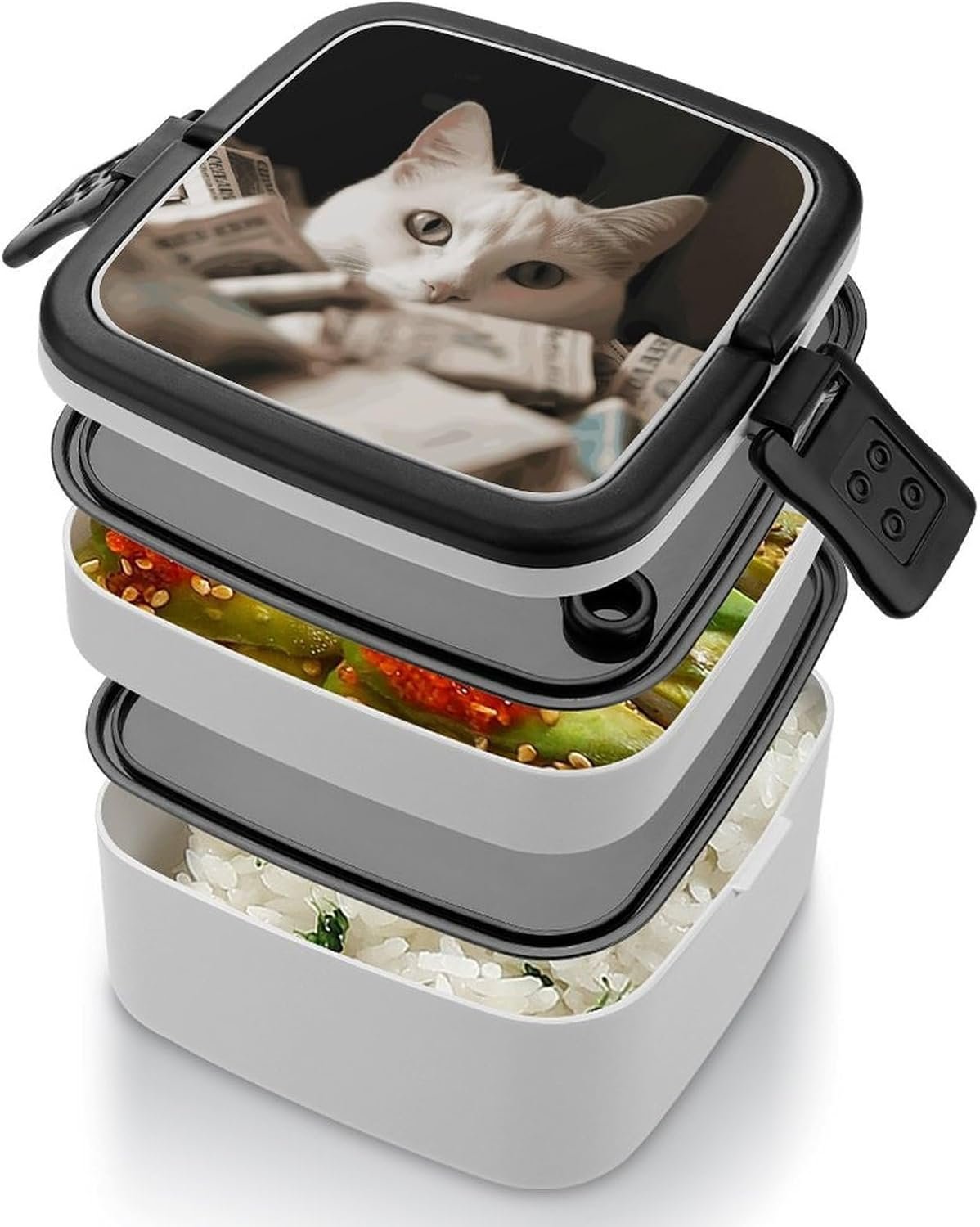 White Cat And Pile of Dollars Bento Box with Spoon, 2-layer Stackable Lunch Box Leak Proof with Invisible Handle, Insulated Food Storage for Office, Picnic & Travel - Image 5