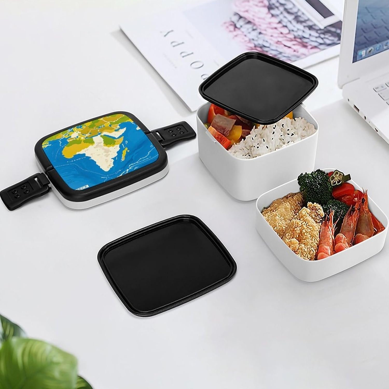 Greece Map Print Bento Box with Spoon, 2-layer Stackable Lunch Box Leak Proof with Invisible Handle, Insulated Food Storage for Office, Picnic & Travel - Image 8