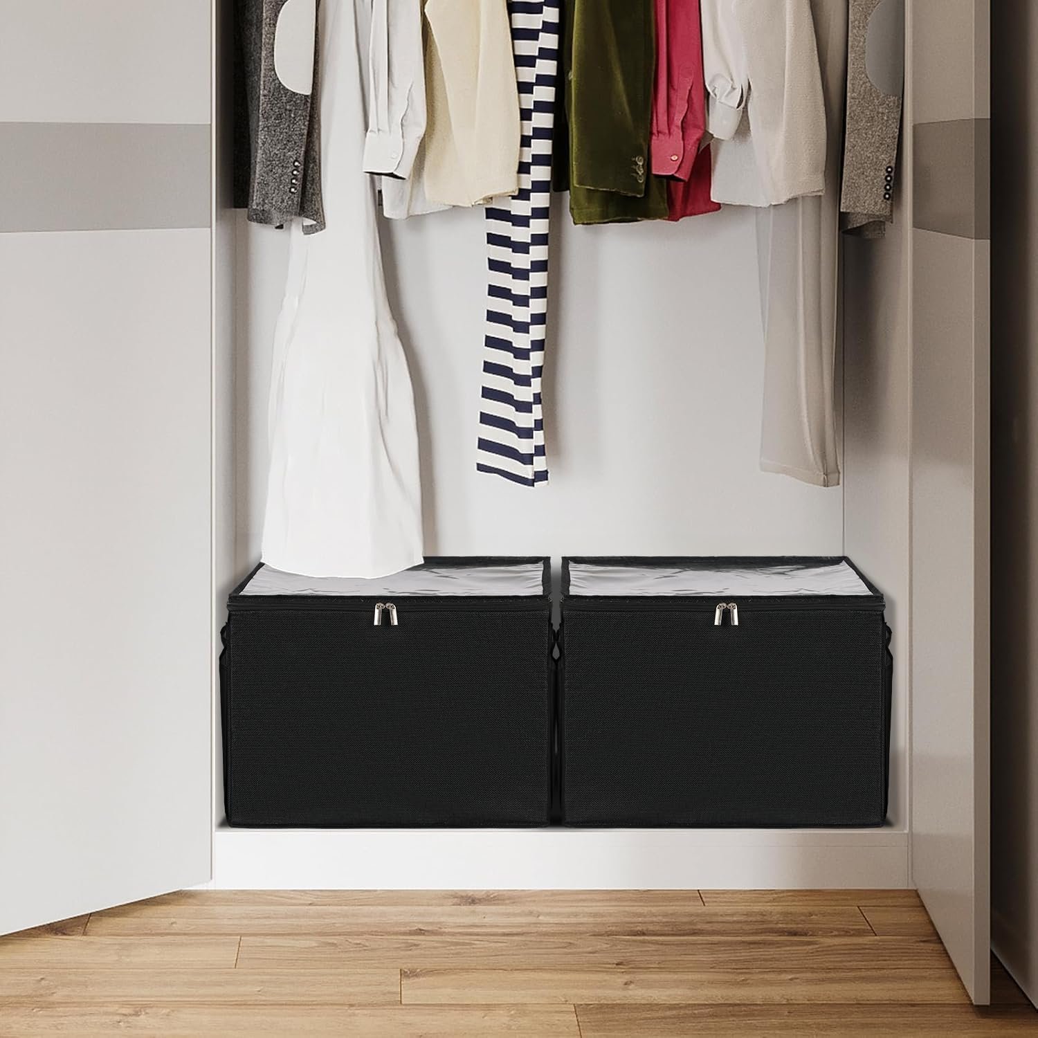 Shoe Organizer for Closet, Fits 16 Pairs, Large Shoe Box Storage Containers with Clear Lid, Foldable Adjustable Dividers for Shoe Storage, Space Saving Shoes Holder with Handles (Black) - Image 8